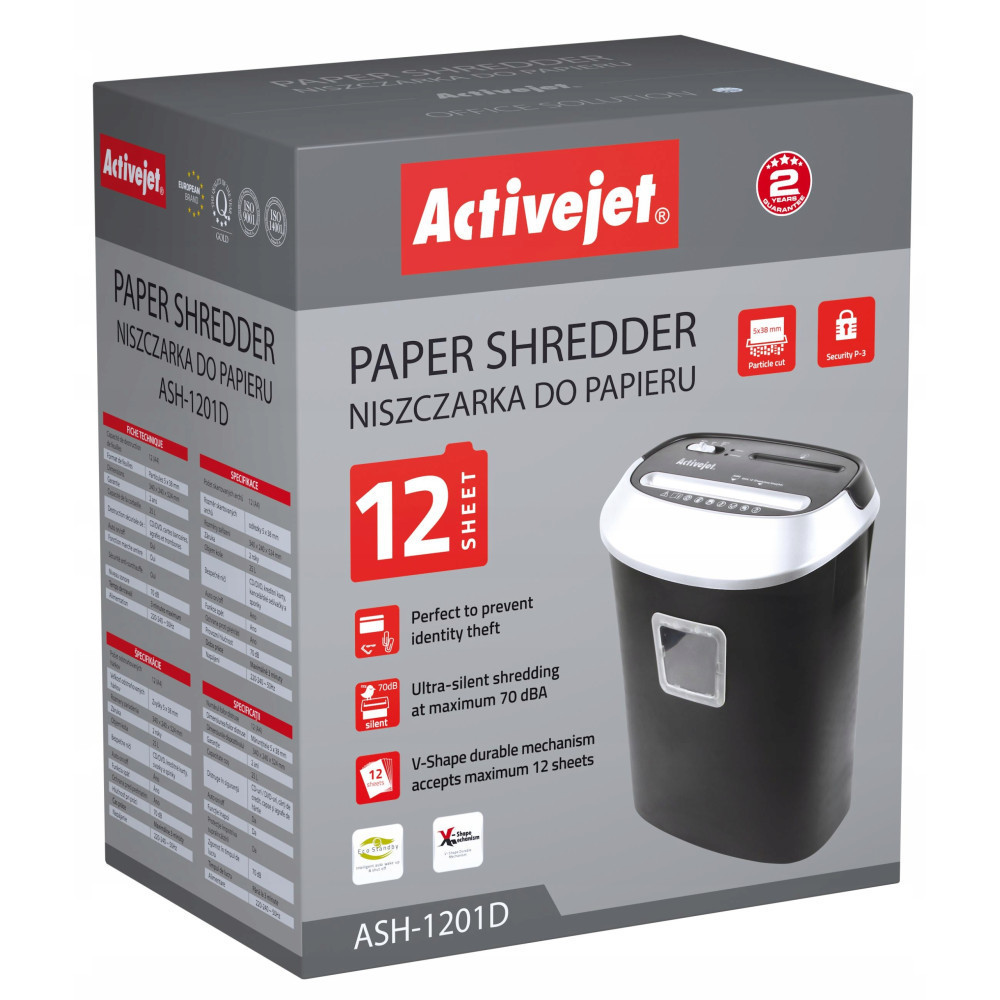 Pudełko niszczarki do papieru Activejet, model ASH-1201D, ze zdjęciem produktu.