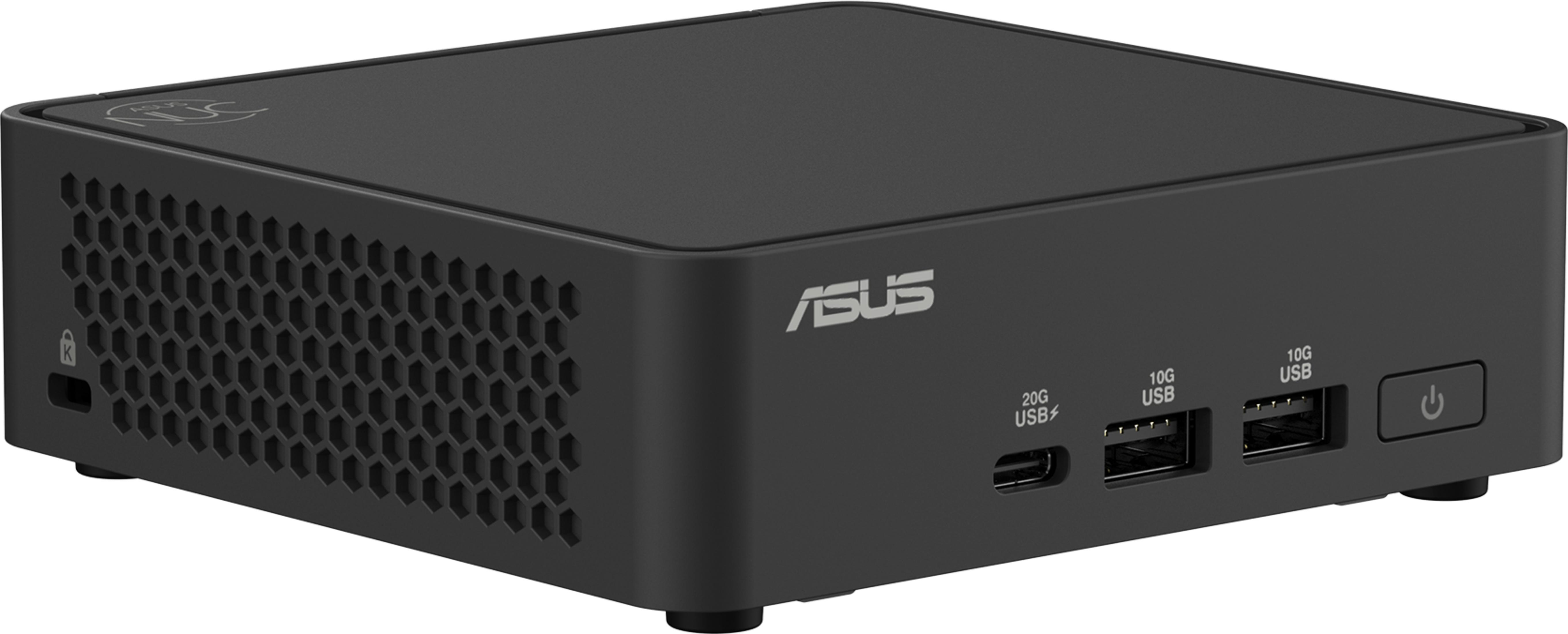 Mini PC ASUS nero con prese d'aria a nido d'ape e porte frontali.