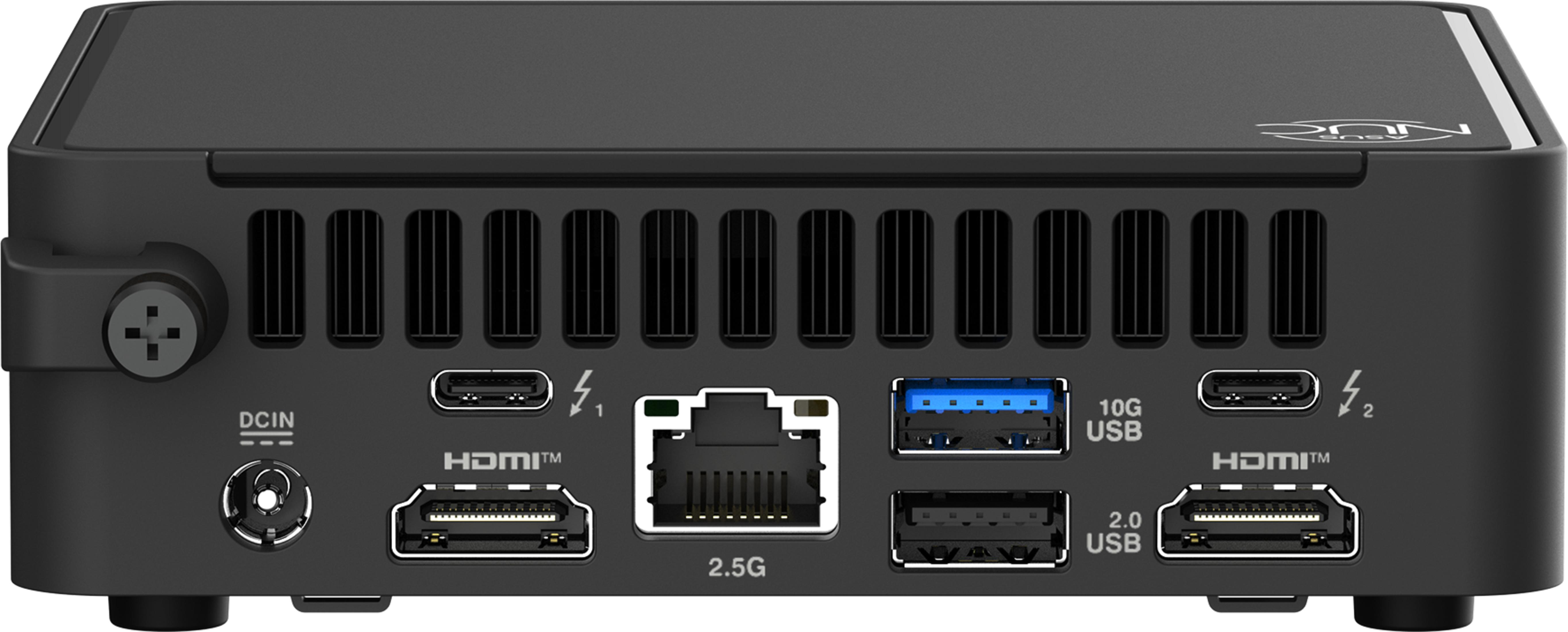 Vista posteriore di un mini PC nero con porte: DCIN, USB-C, HDMI, Ethernet, USB-A.