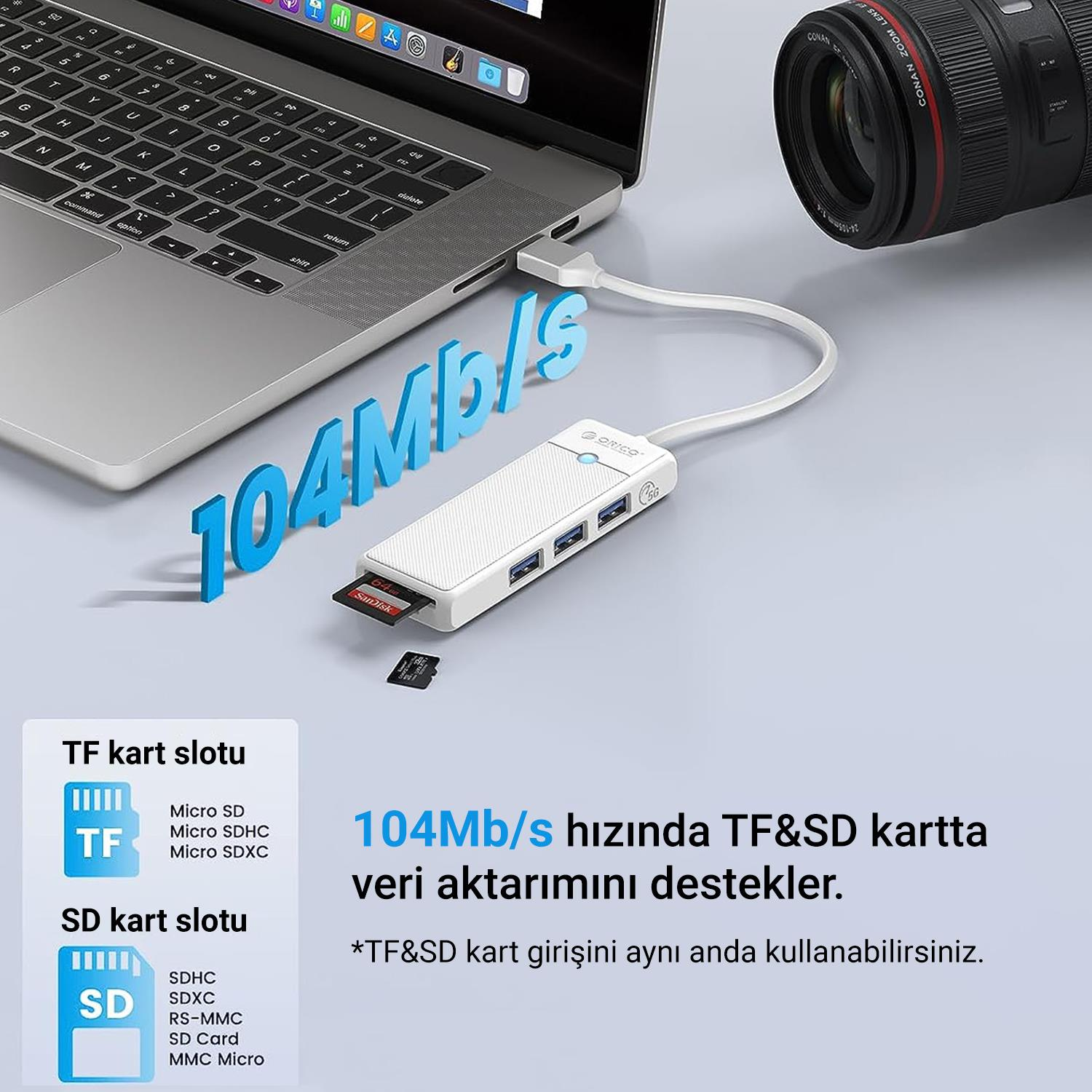 SD ve TF kart yuvalı beyaz USB-C hub bir dizüstü bilgisayara bağlıdır.