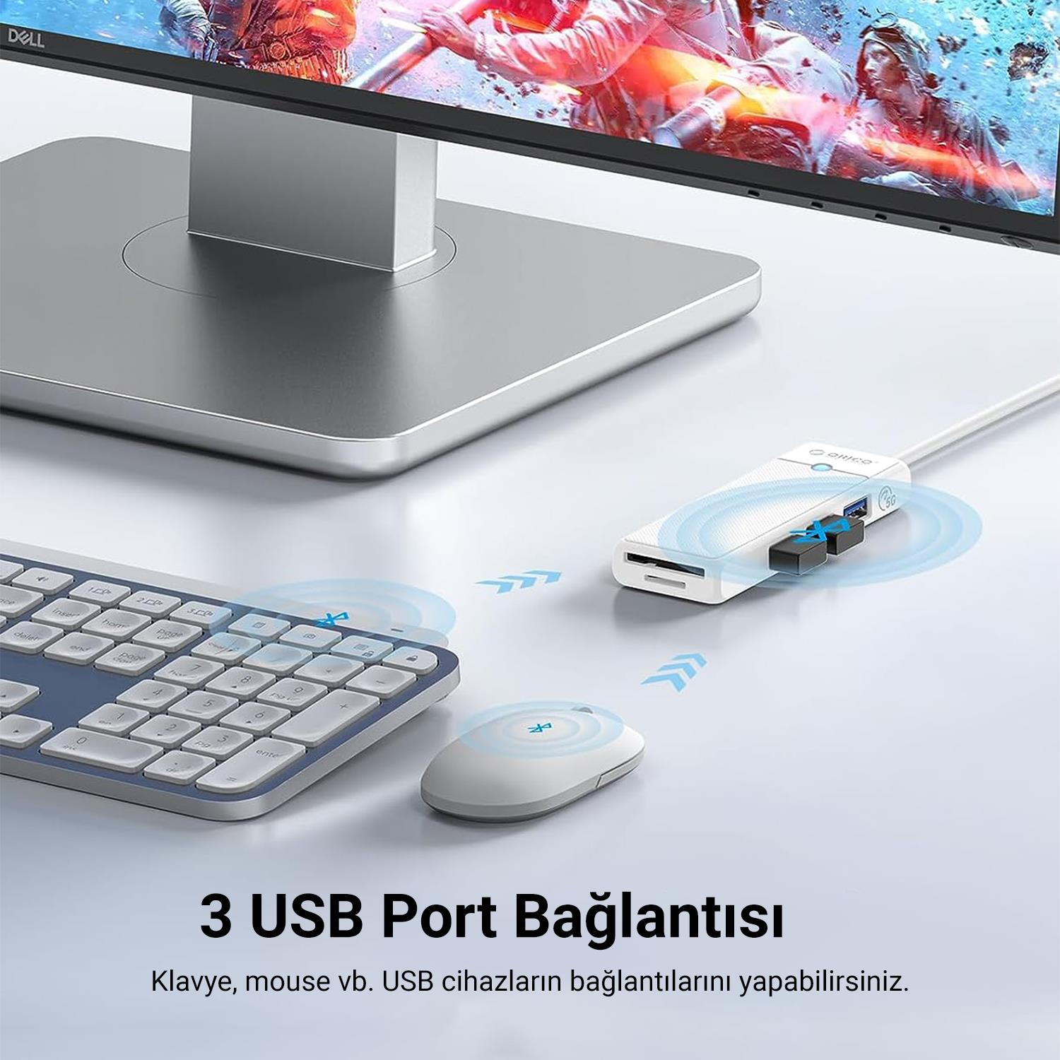 Beyaz USB hub klavye, fare ve monitör bağlar.