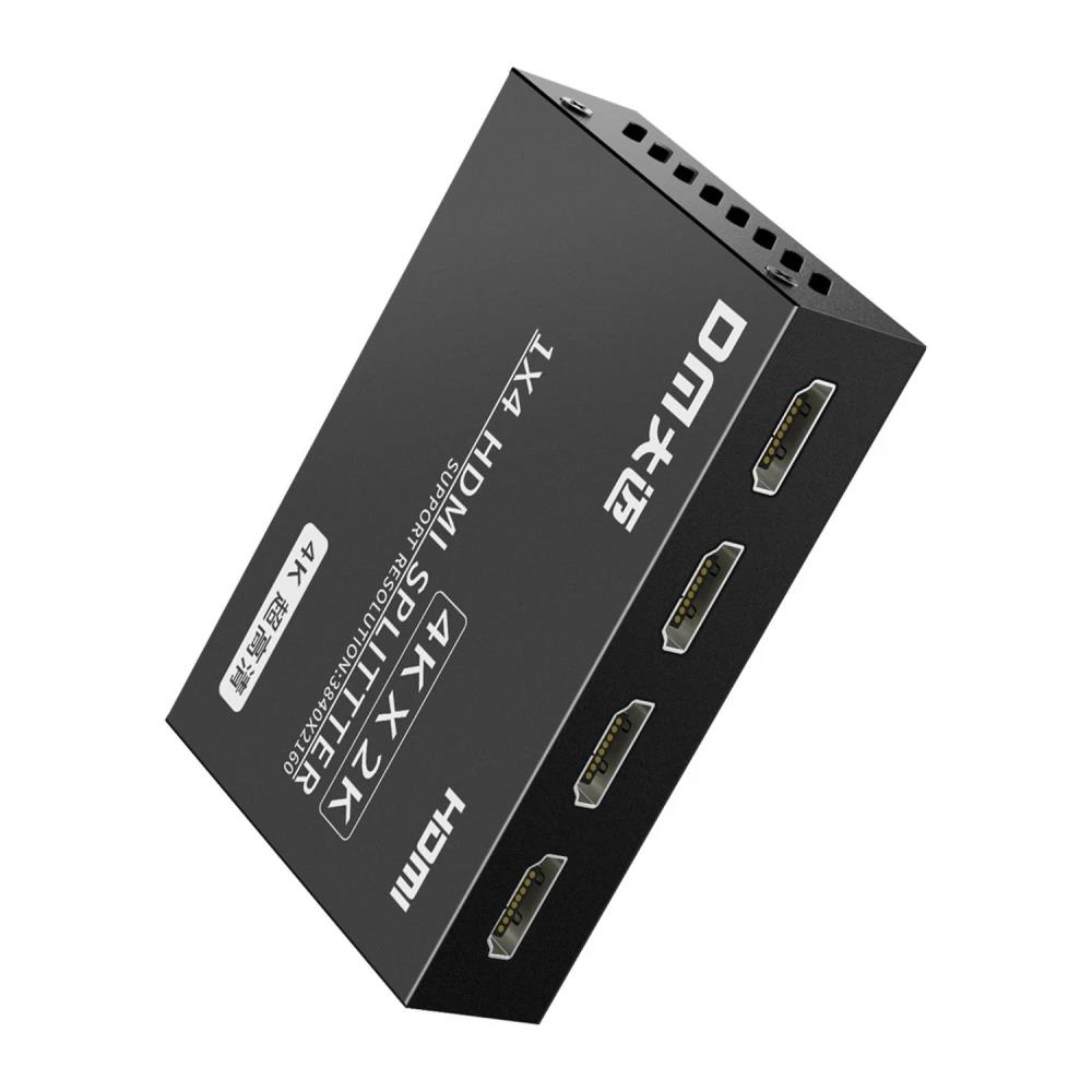 Dört HDMI çıkışlı siyah 1x4 HDMI ayırıcı, 4K çözünürlüğü destekler.