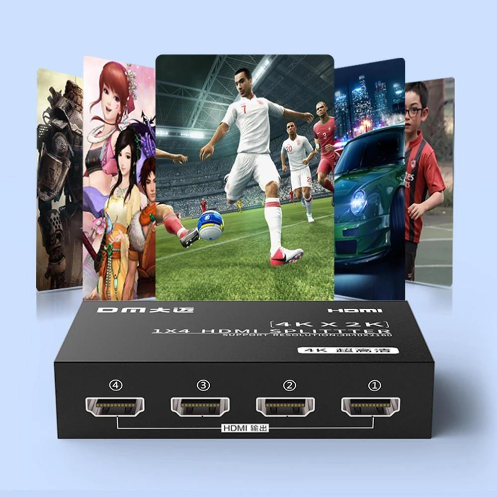 Dört çıkışlı siyah bir HDMI ayırıcı, video oyunu sahnelerini gösteriyor.