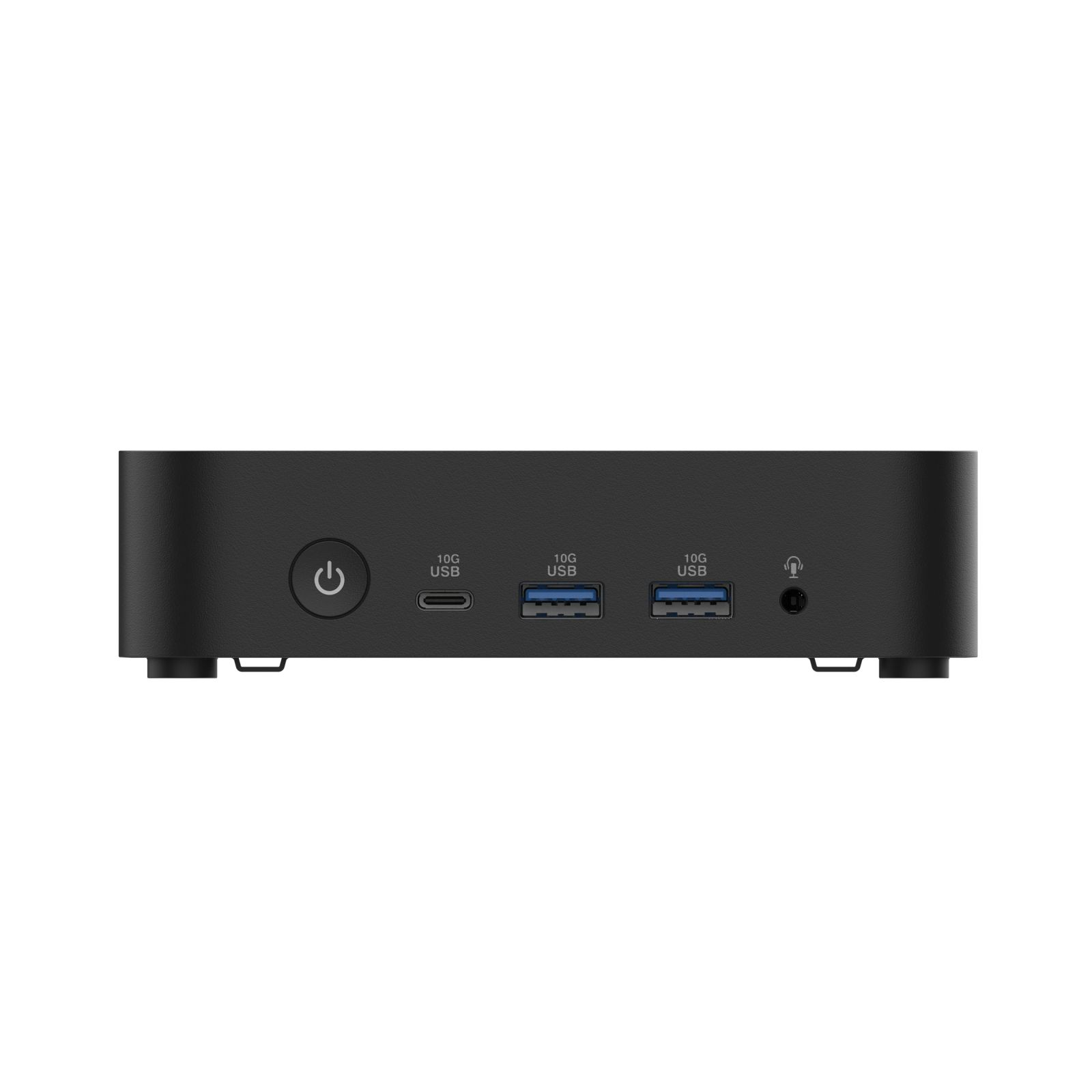 Un dispositivo nero e compatto con pulsante di accensione e porte USB.