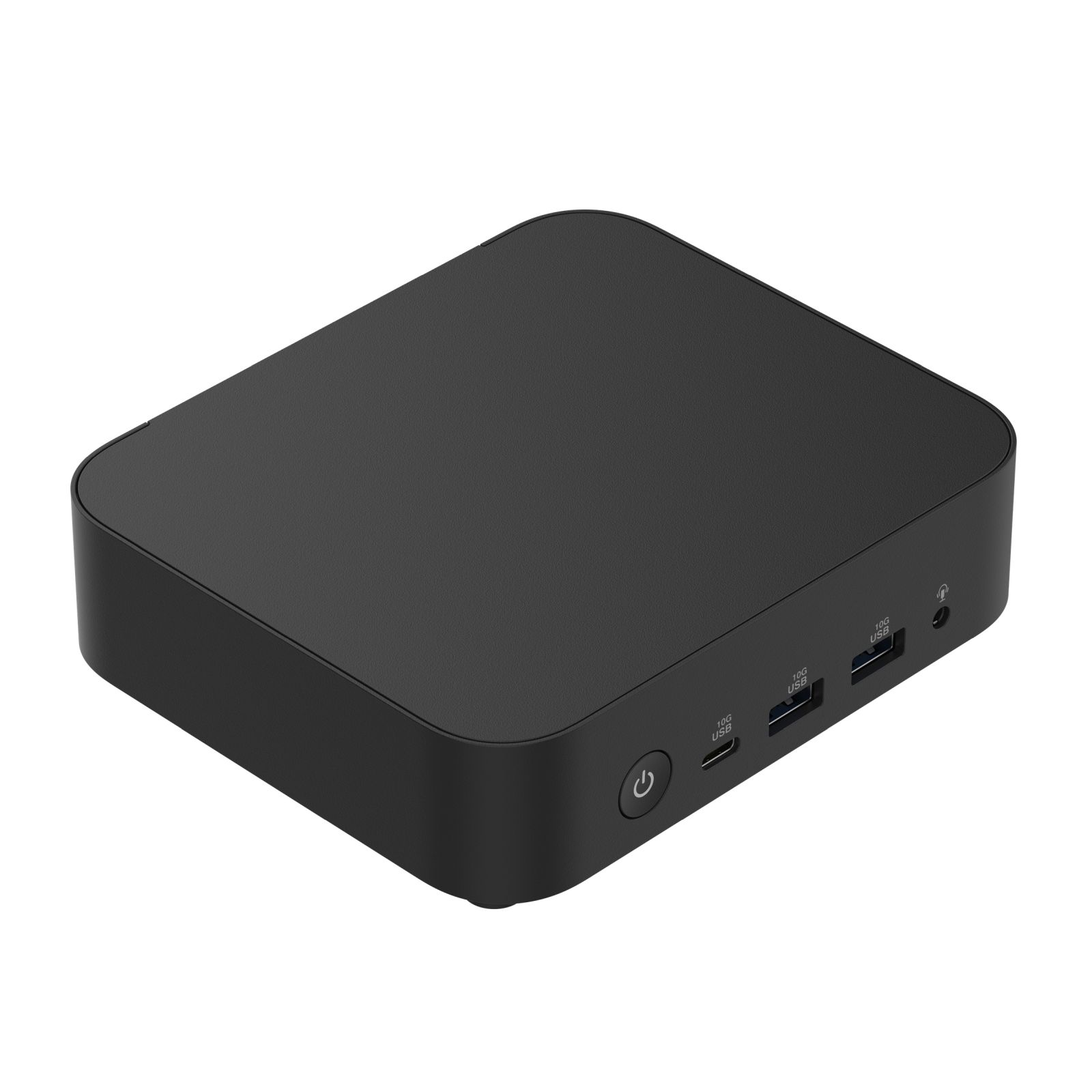 Ein schwarzes, rechteckiges Mini-PC-Gehäuse mit abgerundeten Ecken und Anschlüssen.