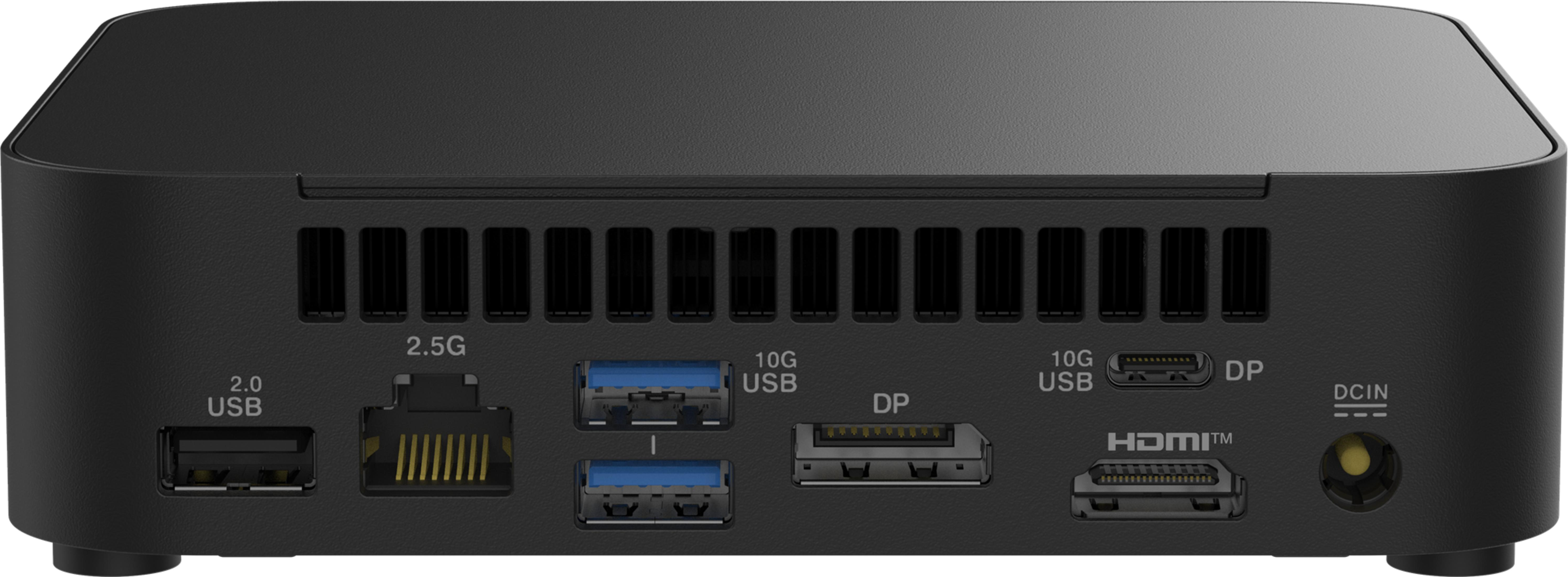 Schwarzer Mini-PC Rückansicht: 2x USB 2.0, 2.5G Ethernet, 2x 10G USB, 2x DP, HDMI, DCIN.