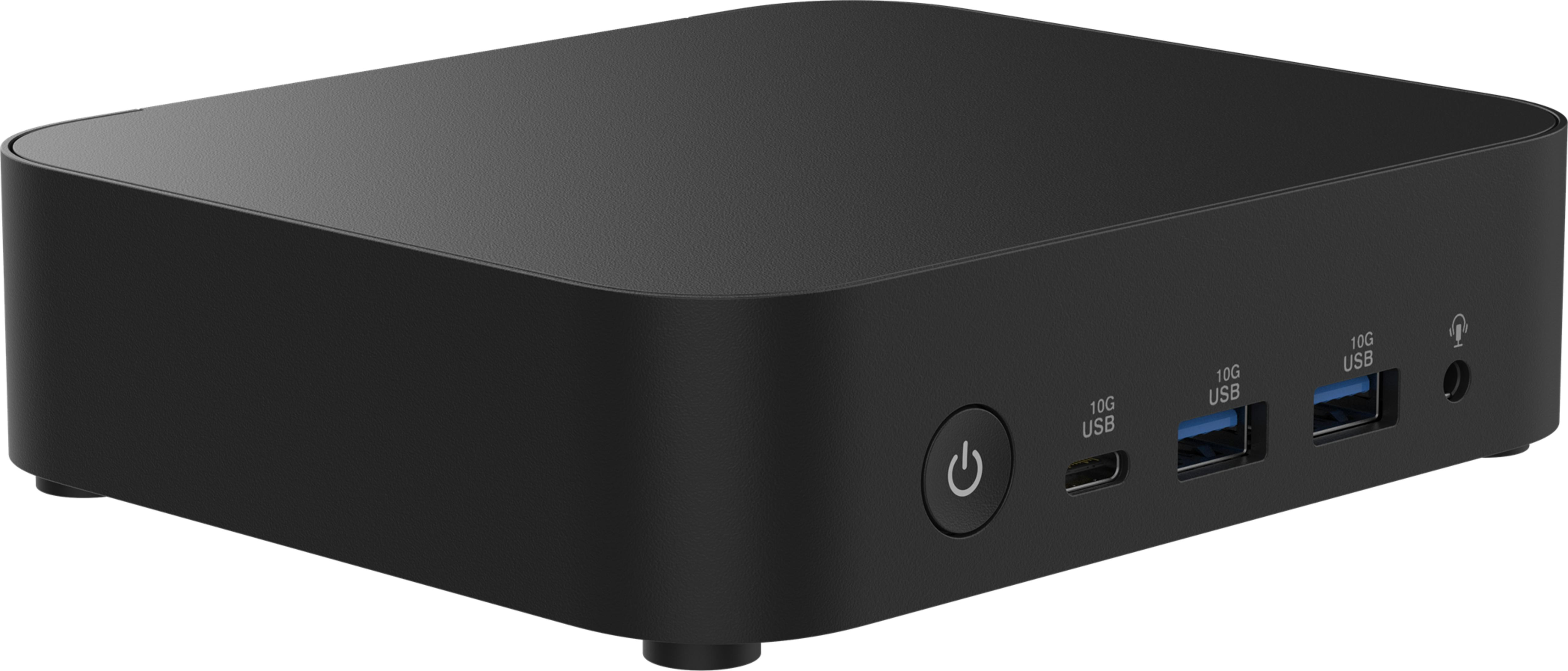 Ein schwarzes Mini-PC-Gehäuse mit Power-Taste und USB-Anschlüssen.