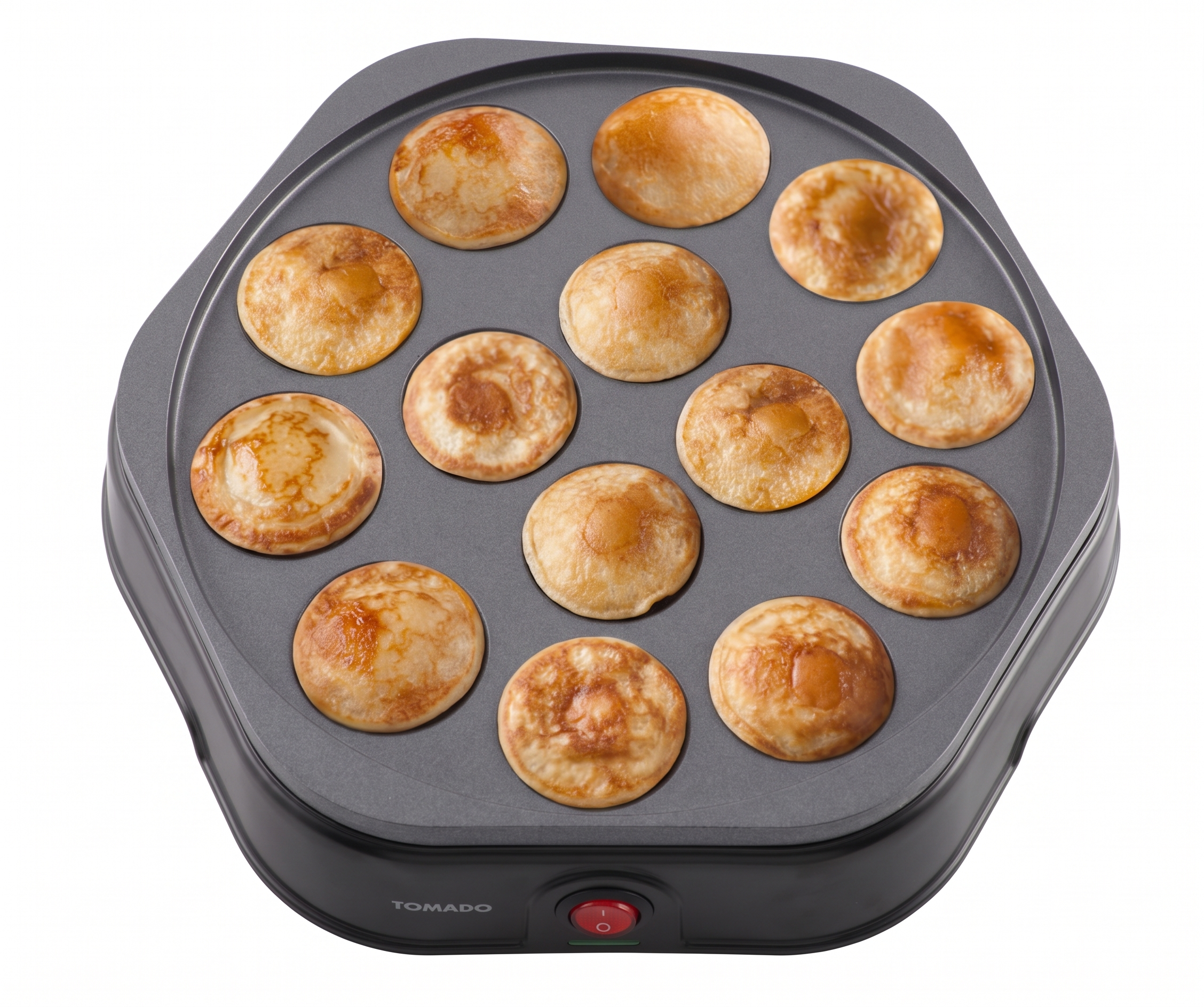 An electric cake maker with 12 round, golden-brown cakes.