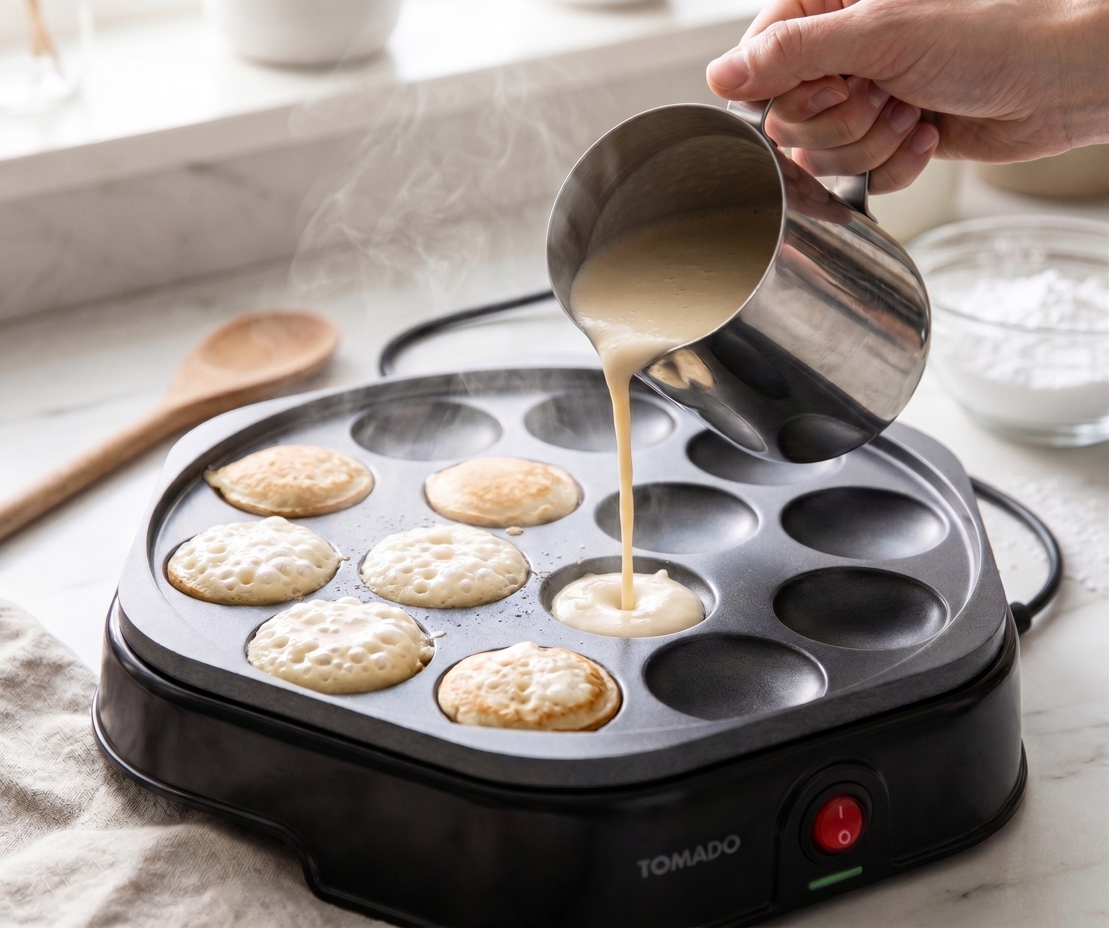 Batter is poured into an electric griddle to cook small pancakes. Steam rises.