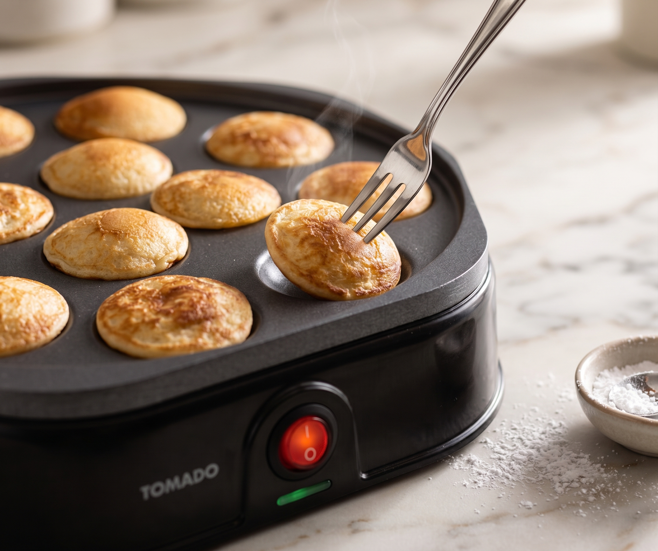 A fork lifts a small pancake from a maker that makes eight of them.