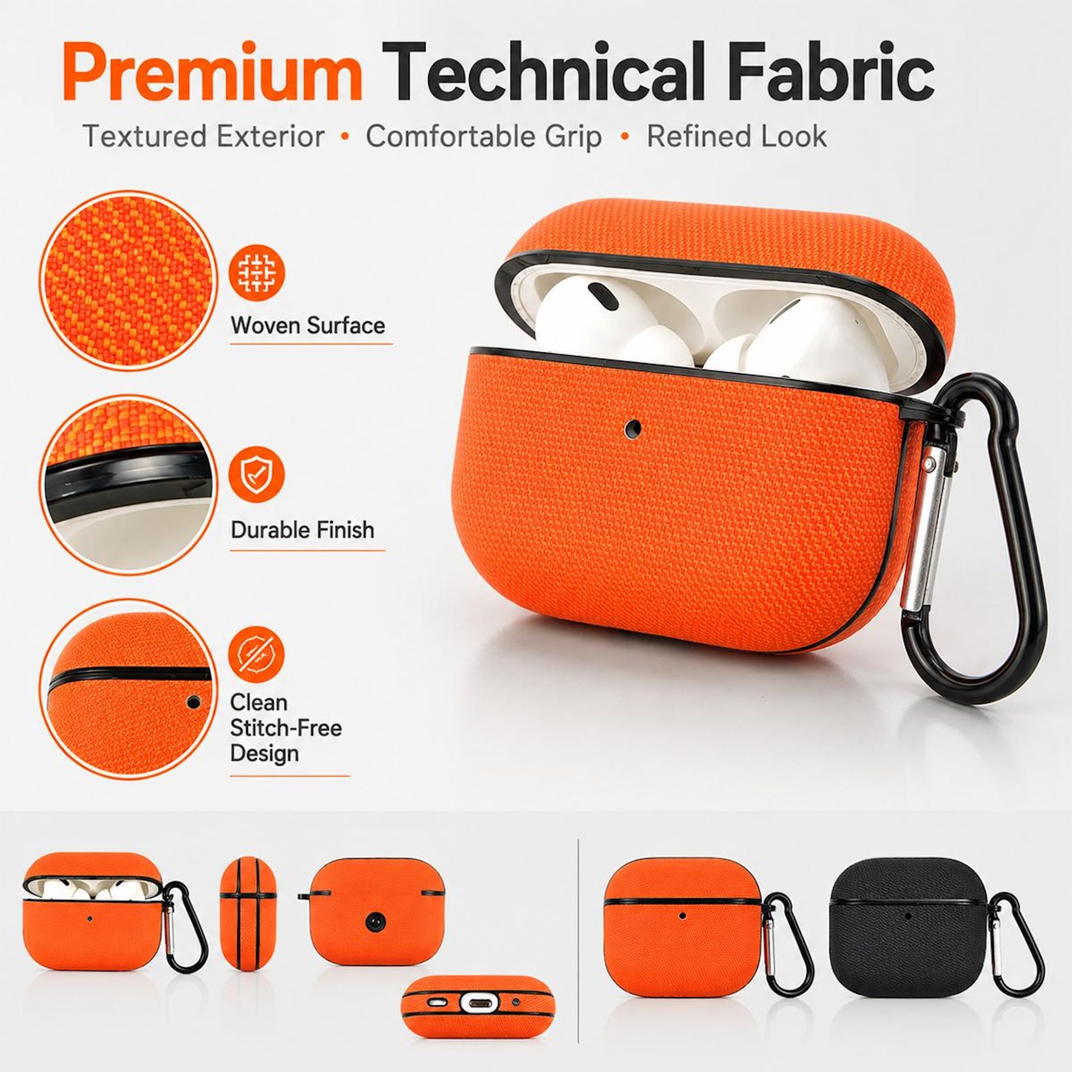 Orange Hülle für Kopfhörer mit Karabiner, mit Nahaufnahmen von Textur und Details.