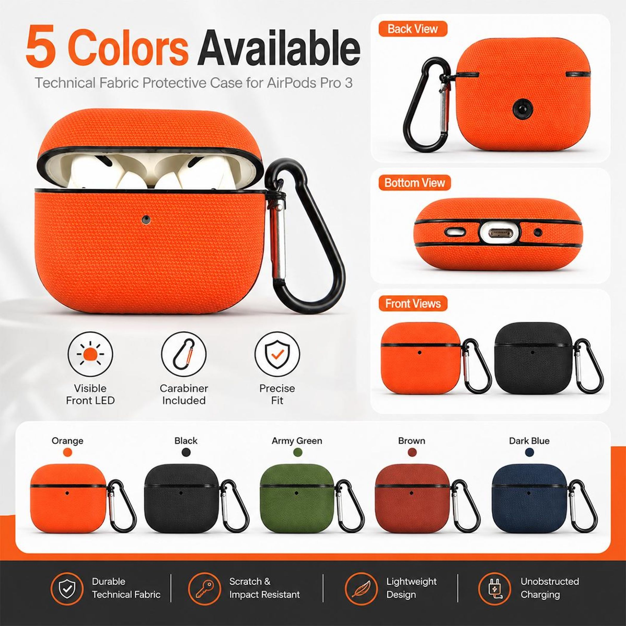 Produktbilder von AirPods Pro 3 Hüllen in 5 Farben: Orange, Schwarz, Armeegrün, Braun, Dunkelblau.