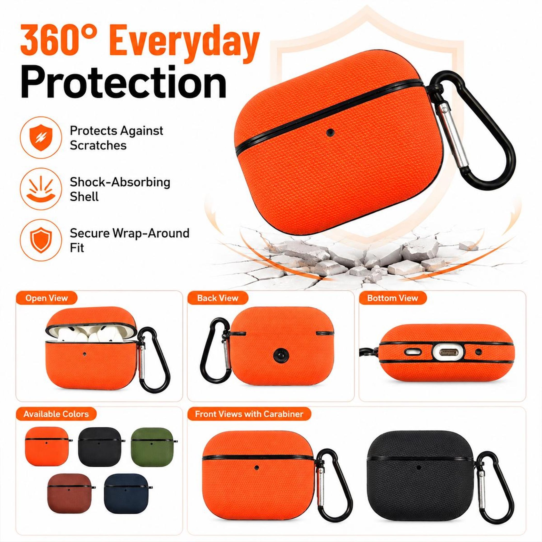 Orange AirPods Hülle mit Karabiner, offene und geschlossene Ansichten, Farboptionen.