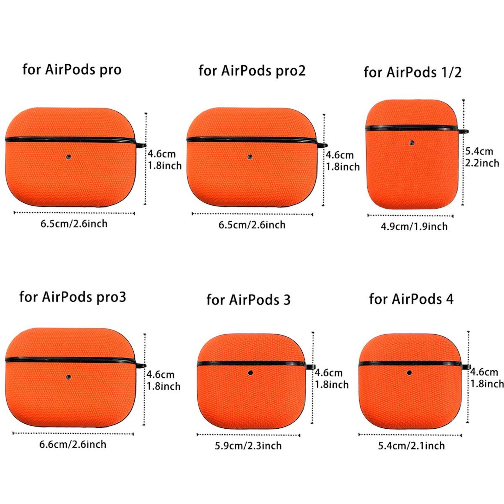 Orange AirPods-Hüllen mit Größenangaben für verschiedene Modelle.
