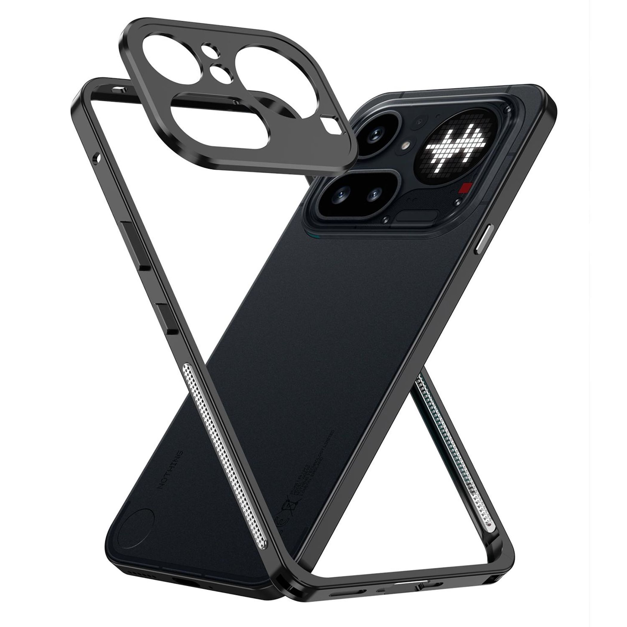 Schwarzes Smartphone mit abnehmbarer Schutzhülle und Kamera-Array.