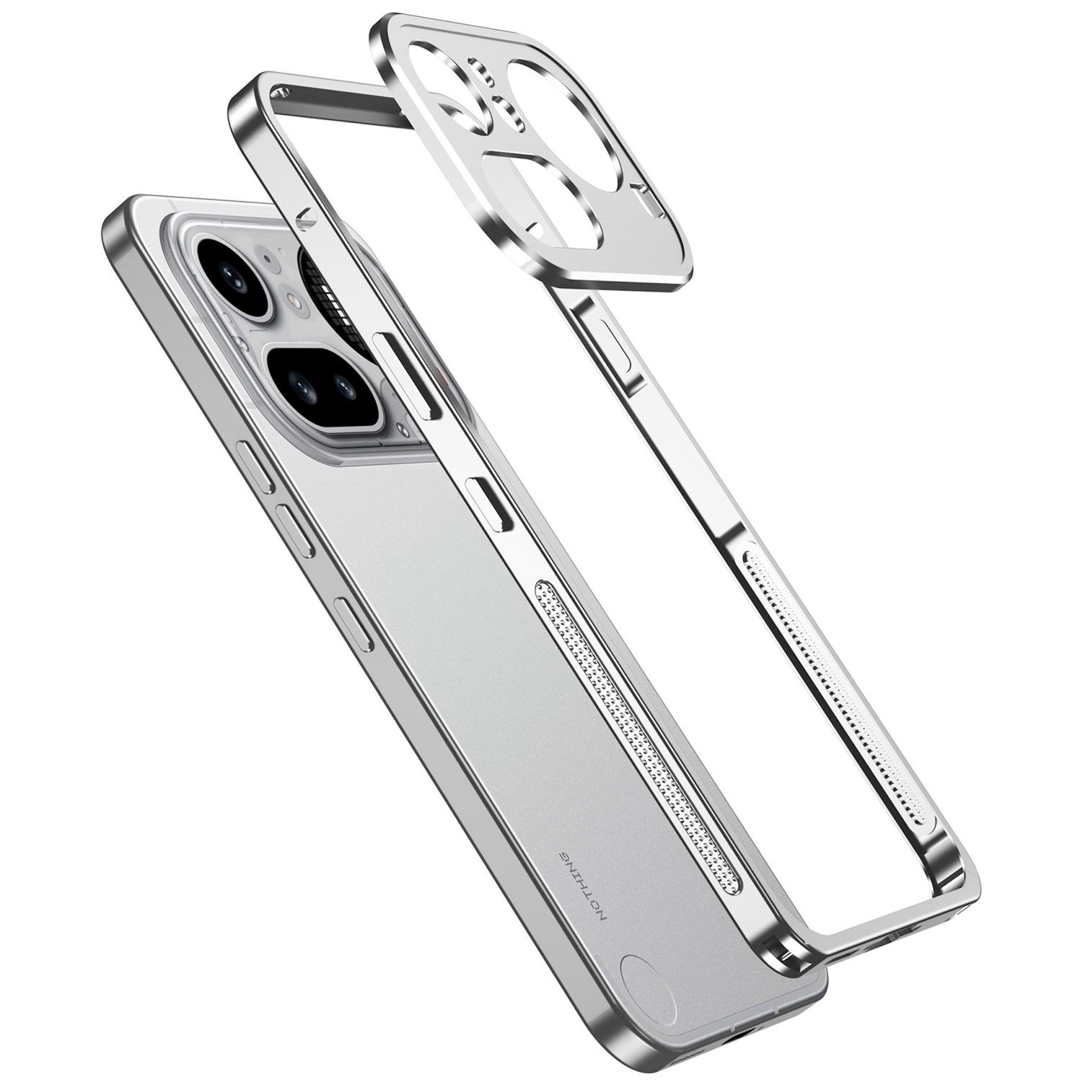 Silbernes Handy-Schutzgehäuse mit Kamera-Aussparungen und Rillen.