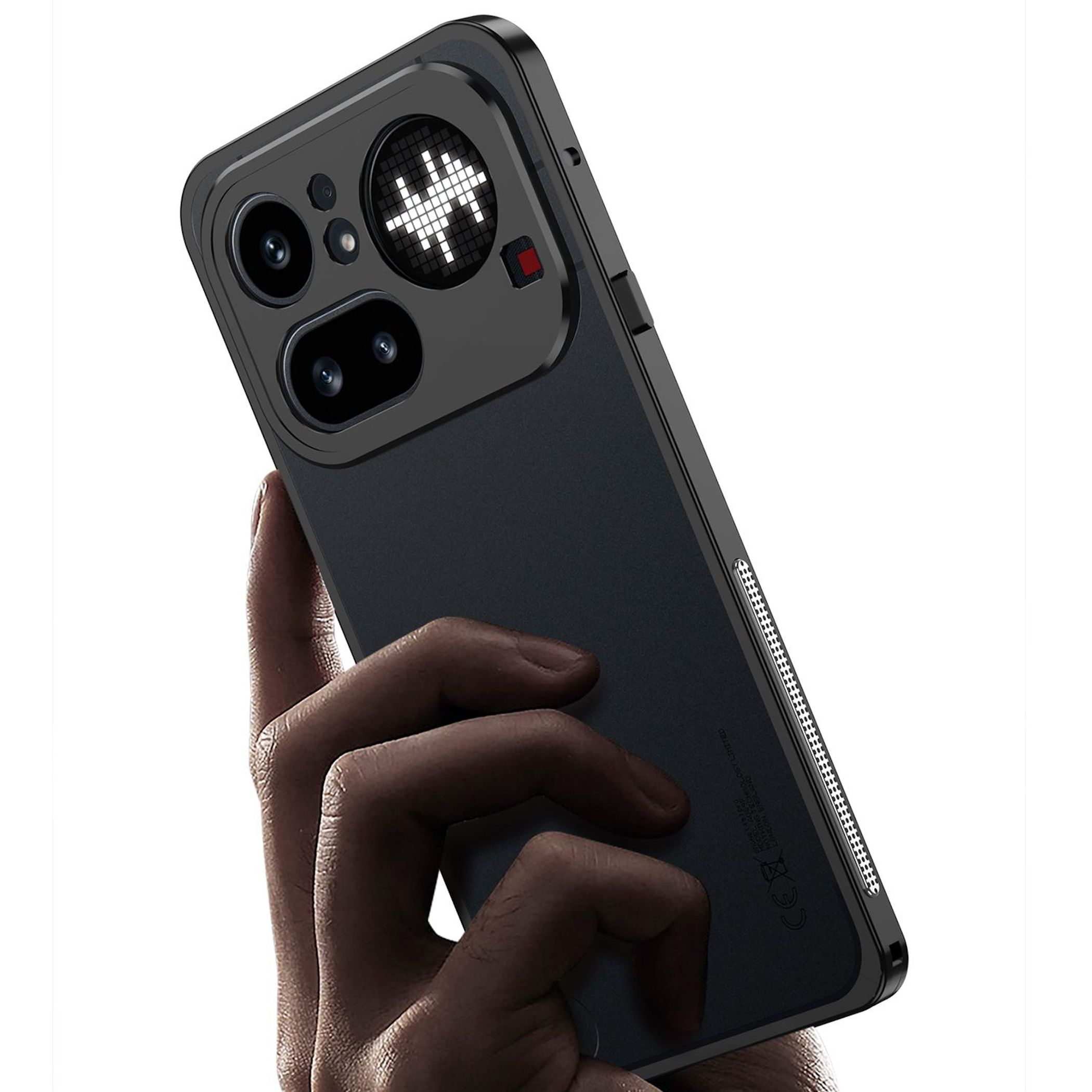 Eine Hand hält ein schwarzes Smartphone mit vier Kameras und einem leuchtenden Muster.