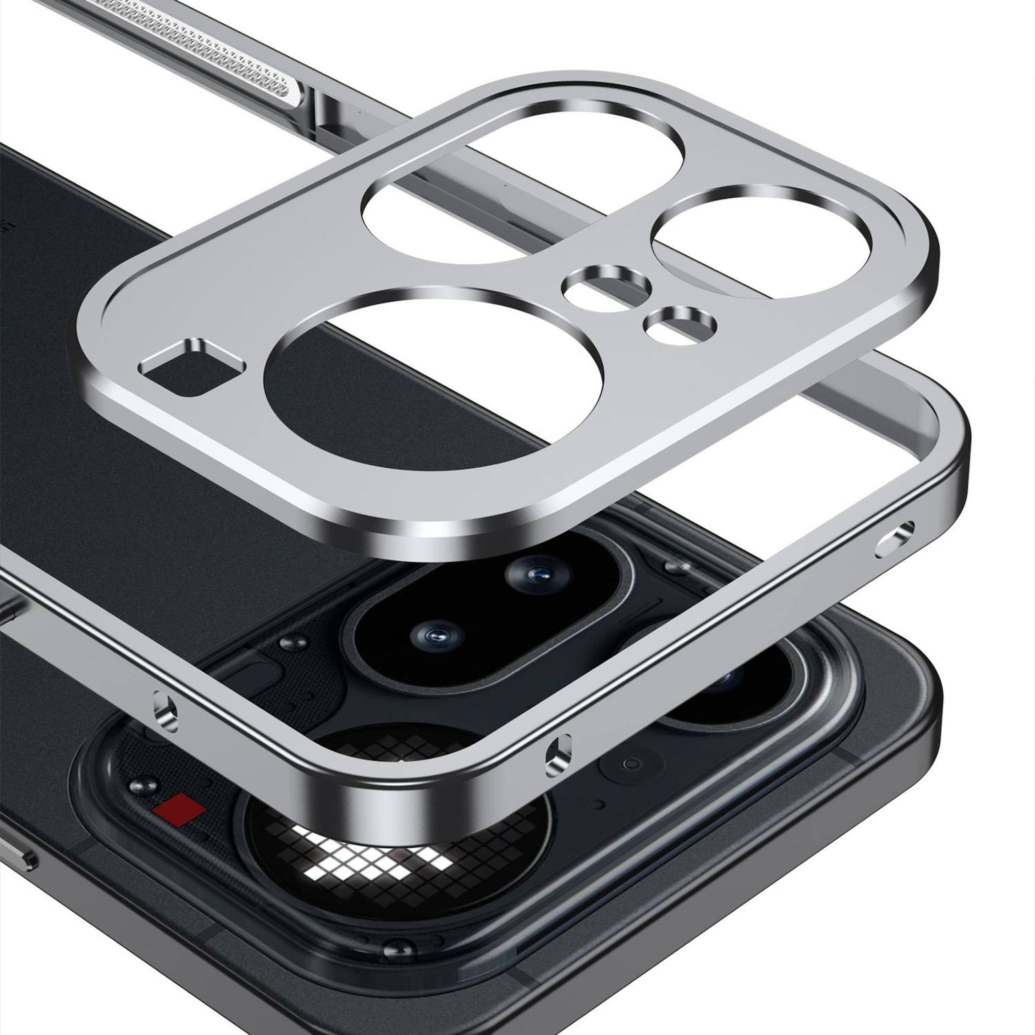 Silberner Metallrahmen über einem schwarzen Handy mit Kameralinsen.