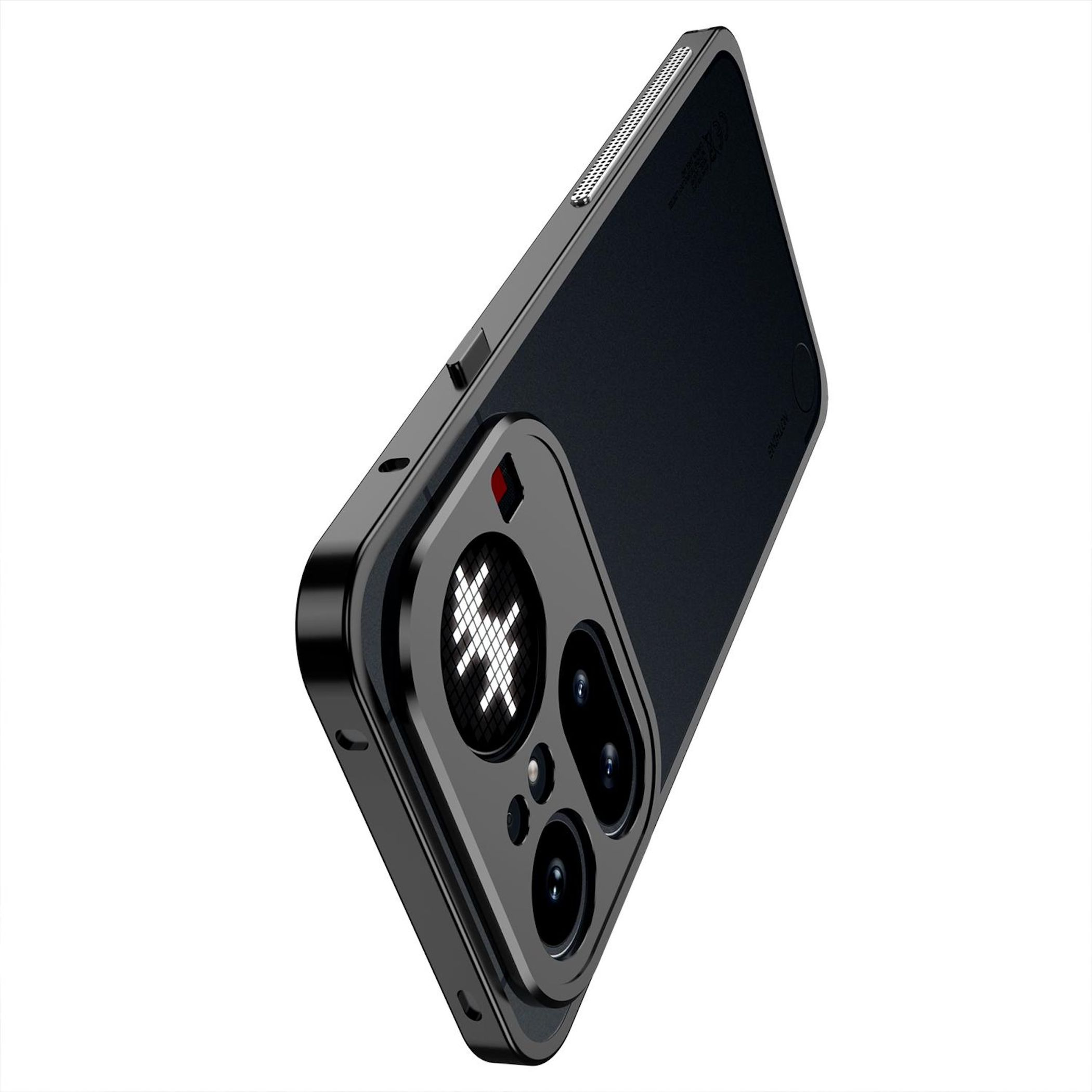 Schwarzes Smartphone mit Kamera-Array und leuchtendem Muster auf weißem Hintergrund.