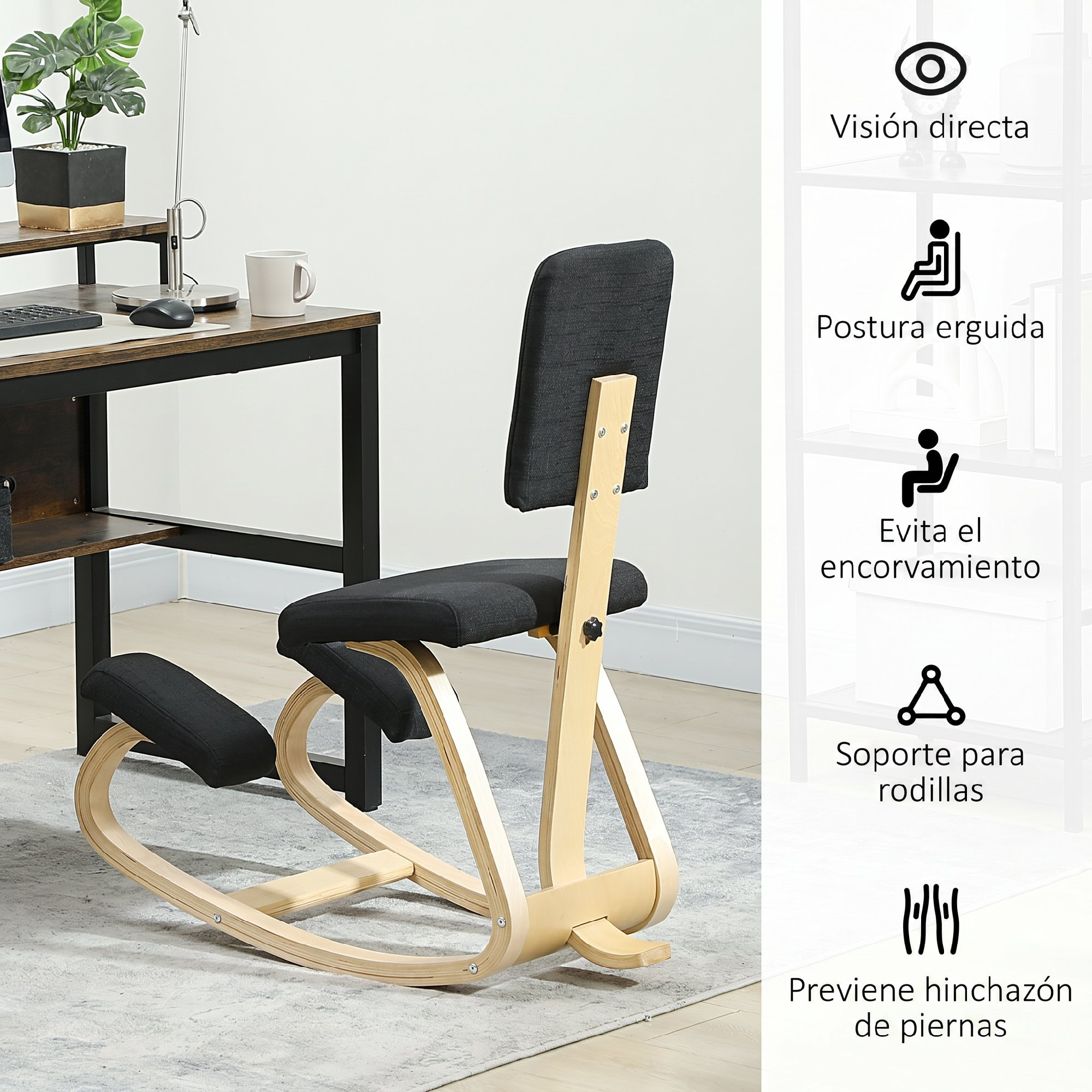 Una silla ergonómica de rodillas con marco de madera y tapicería negra junto a un escritorio.