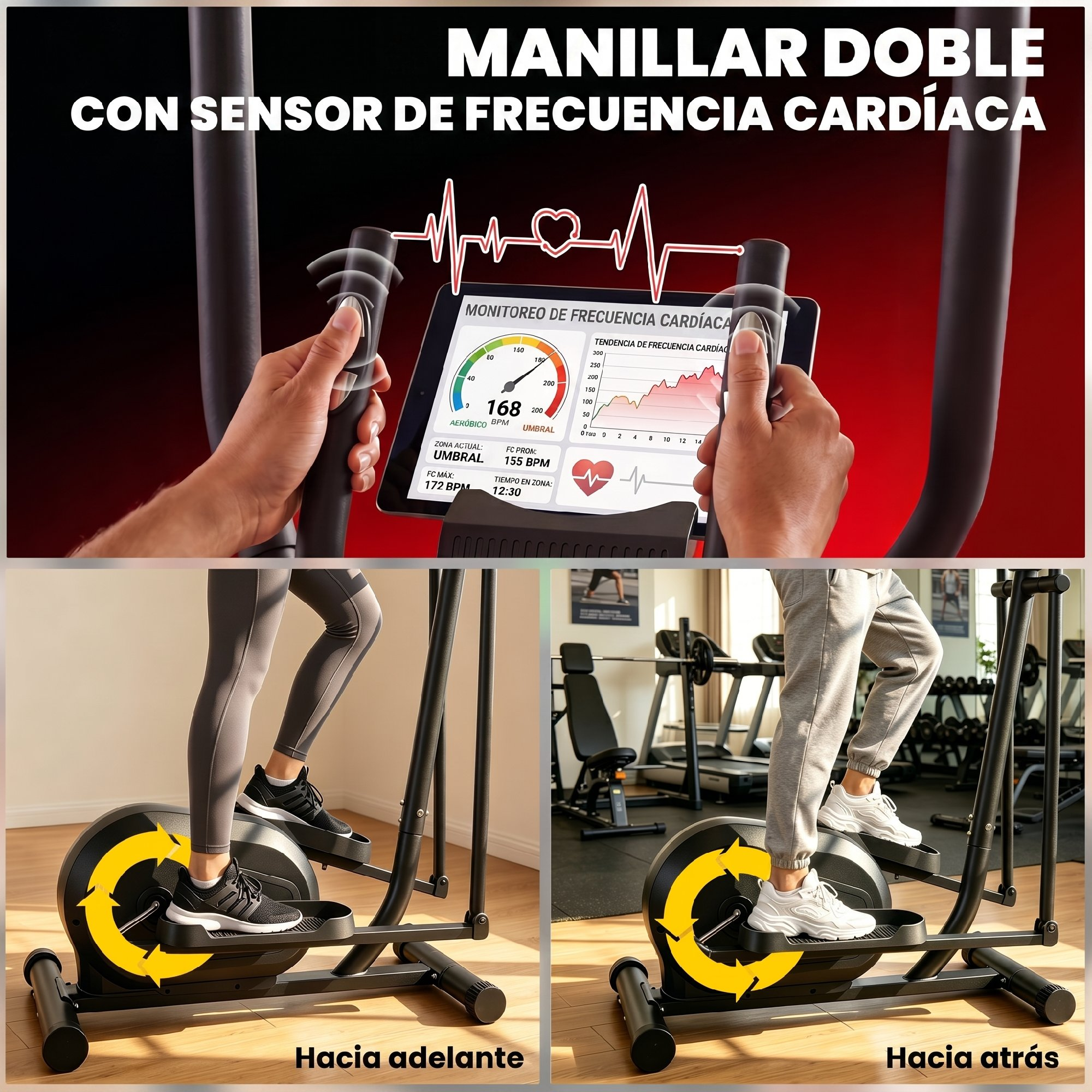 Máquina elíptica con monitor de ritmo cardíaco, usuarios ejercitándose hacia adelante y atrás.