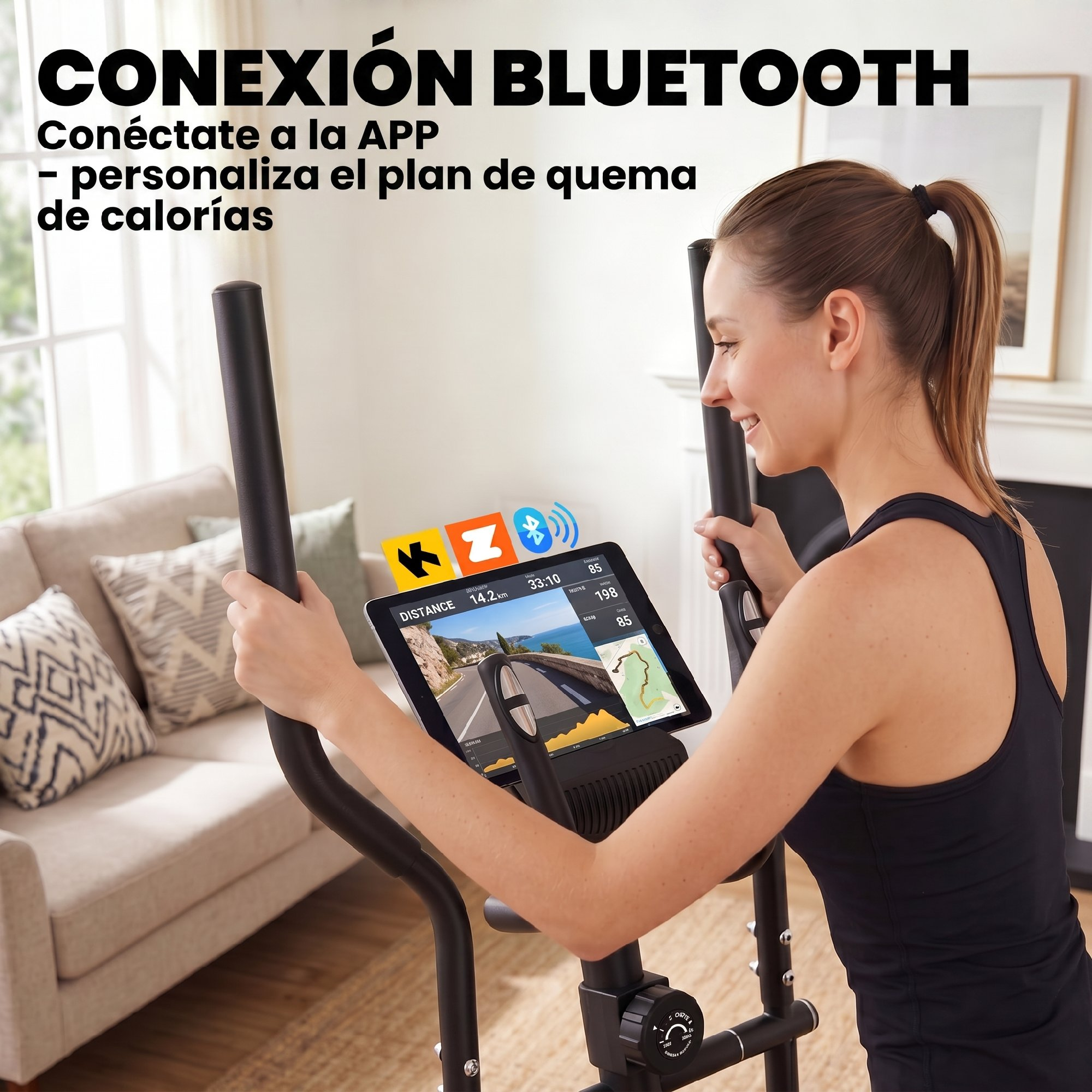Mujer en elíptica con tablet mostrando un recorrido virtual.