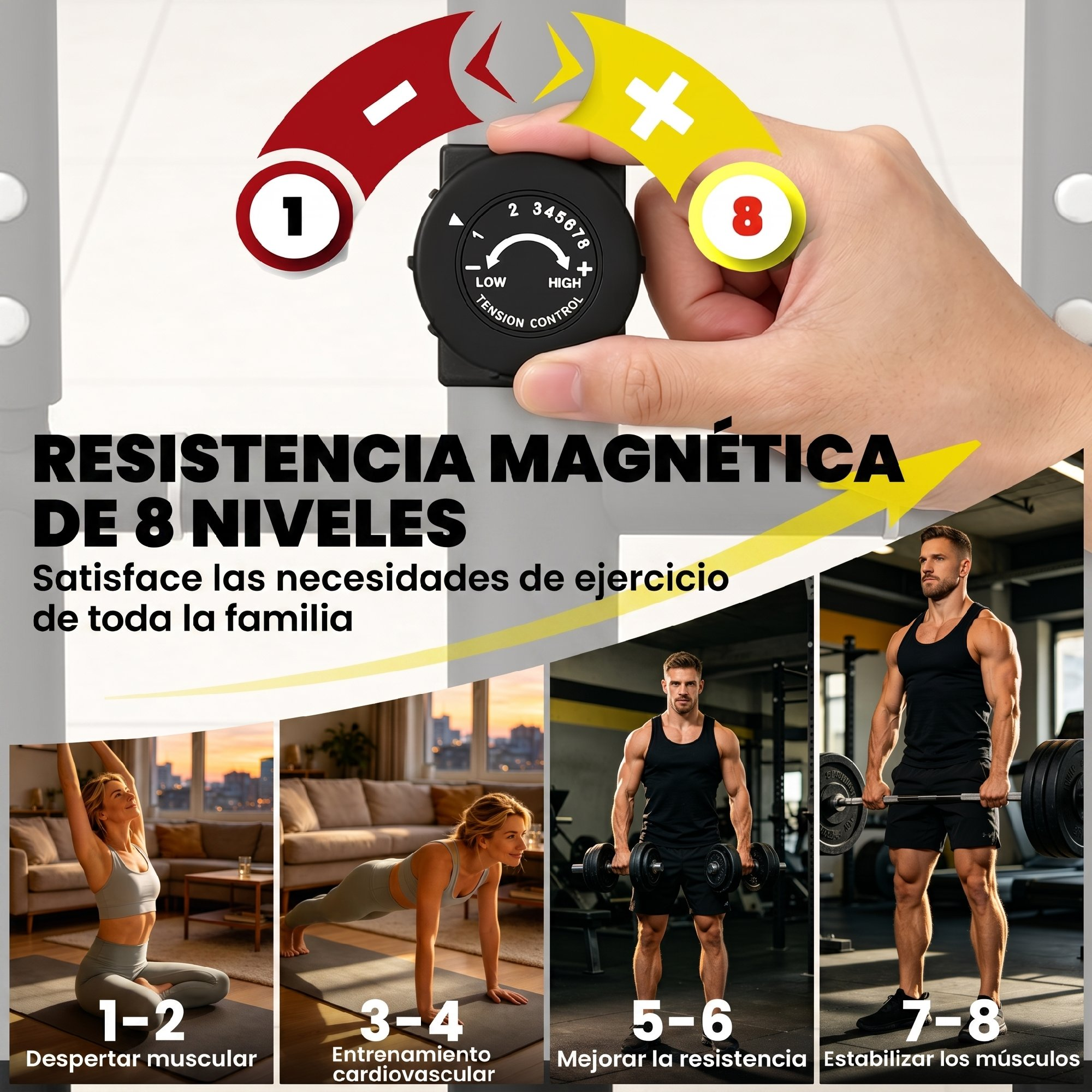 Guía de un sistema de resistencia magnética de 8 niveles con ejemplos.