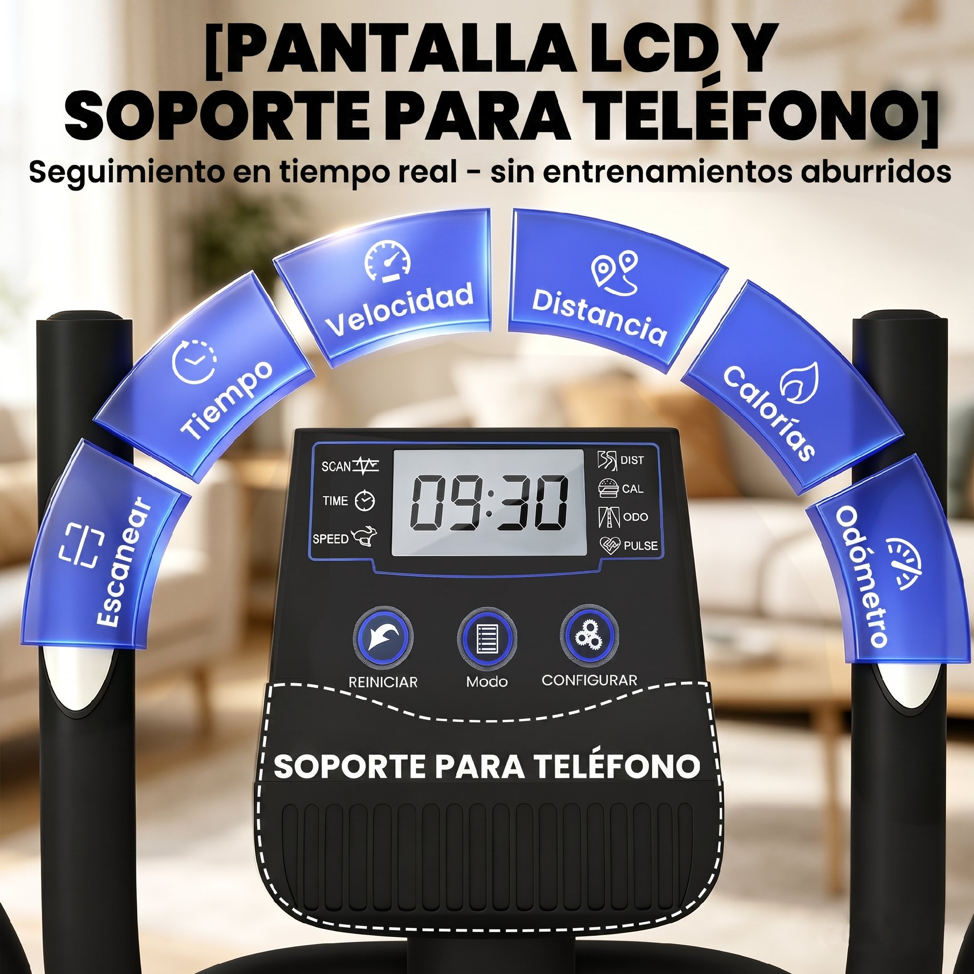 Consola de bicicleta ejercicio: tiempo, distancia, calorías, velocidad.
