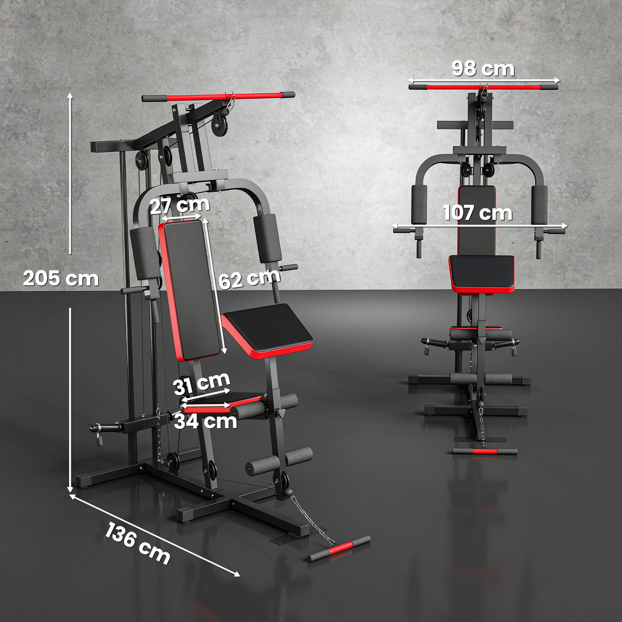 Un gimnasio en casa negro con detalles rojos y etiquetas de medidas.
