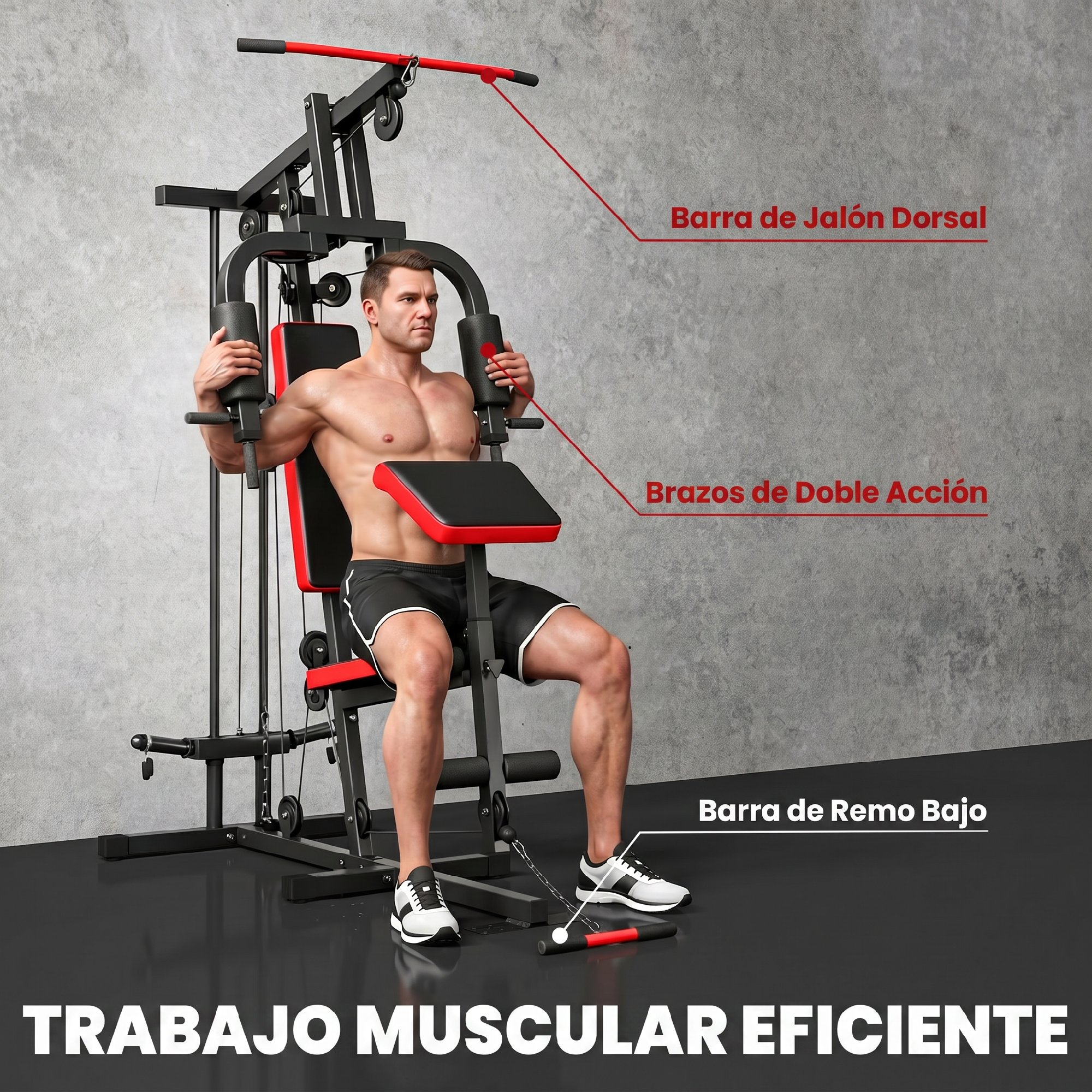 Hombre entrenando en máquina de pesas con cables y agarres. Colores negro y rojo.