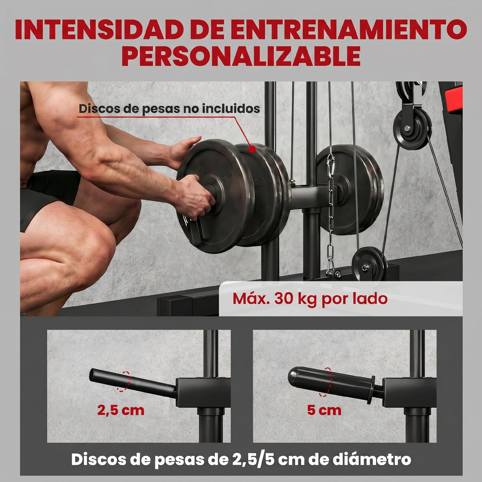 Hombre cargando discos de pesas en equipo de gimnasio. Diámetros 2,5/5 cm.