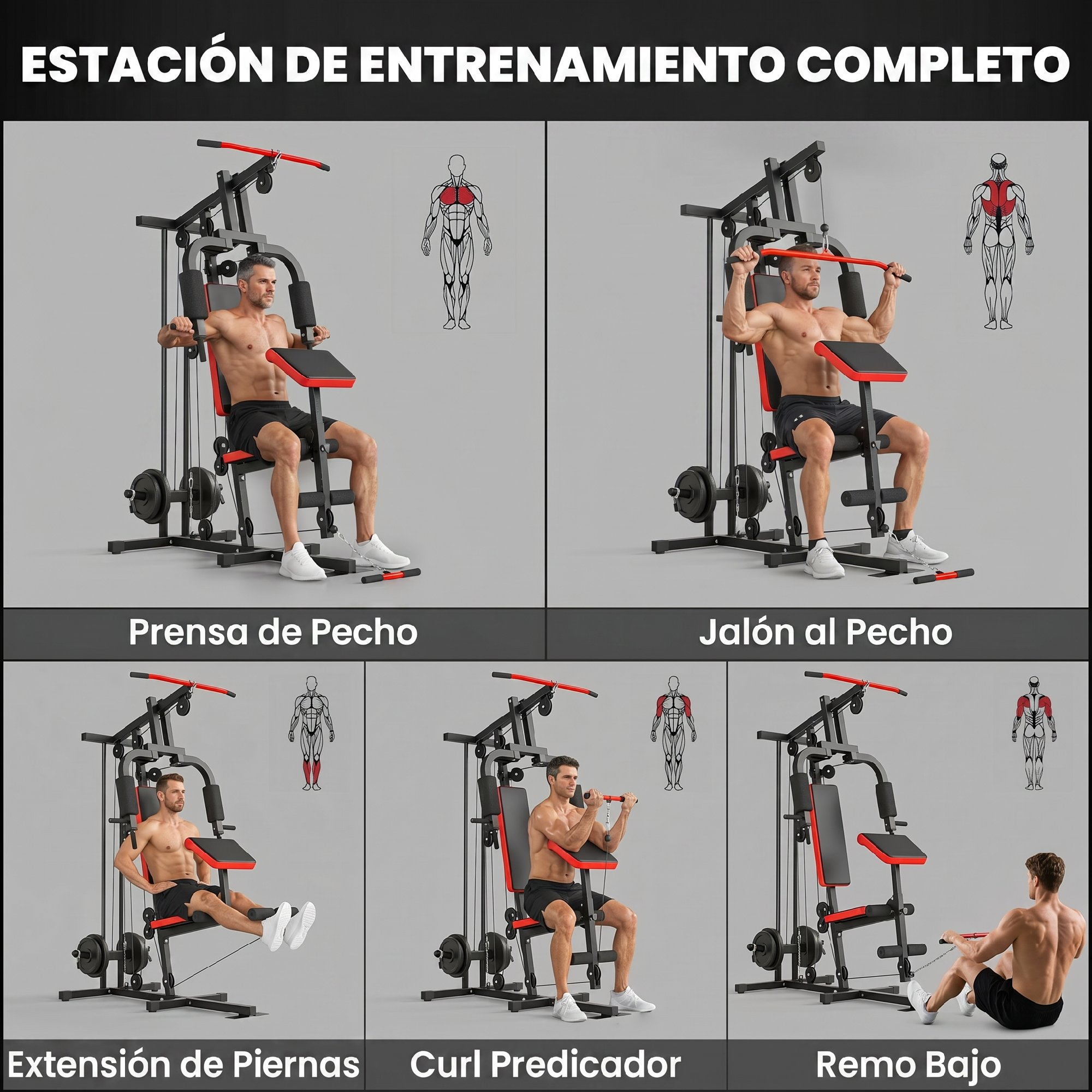 Hombre hace press de pecho, jalón al pecho, extensión de piernas, curl bíceps, remo.