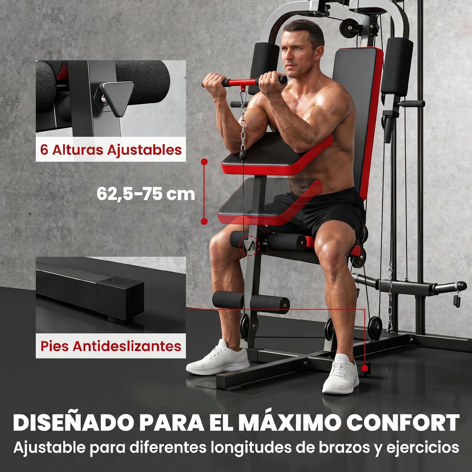 Un hombre se ejercita en una máquina de gimnasio en casa con detalles rojos.