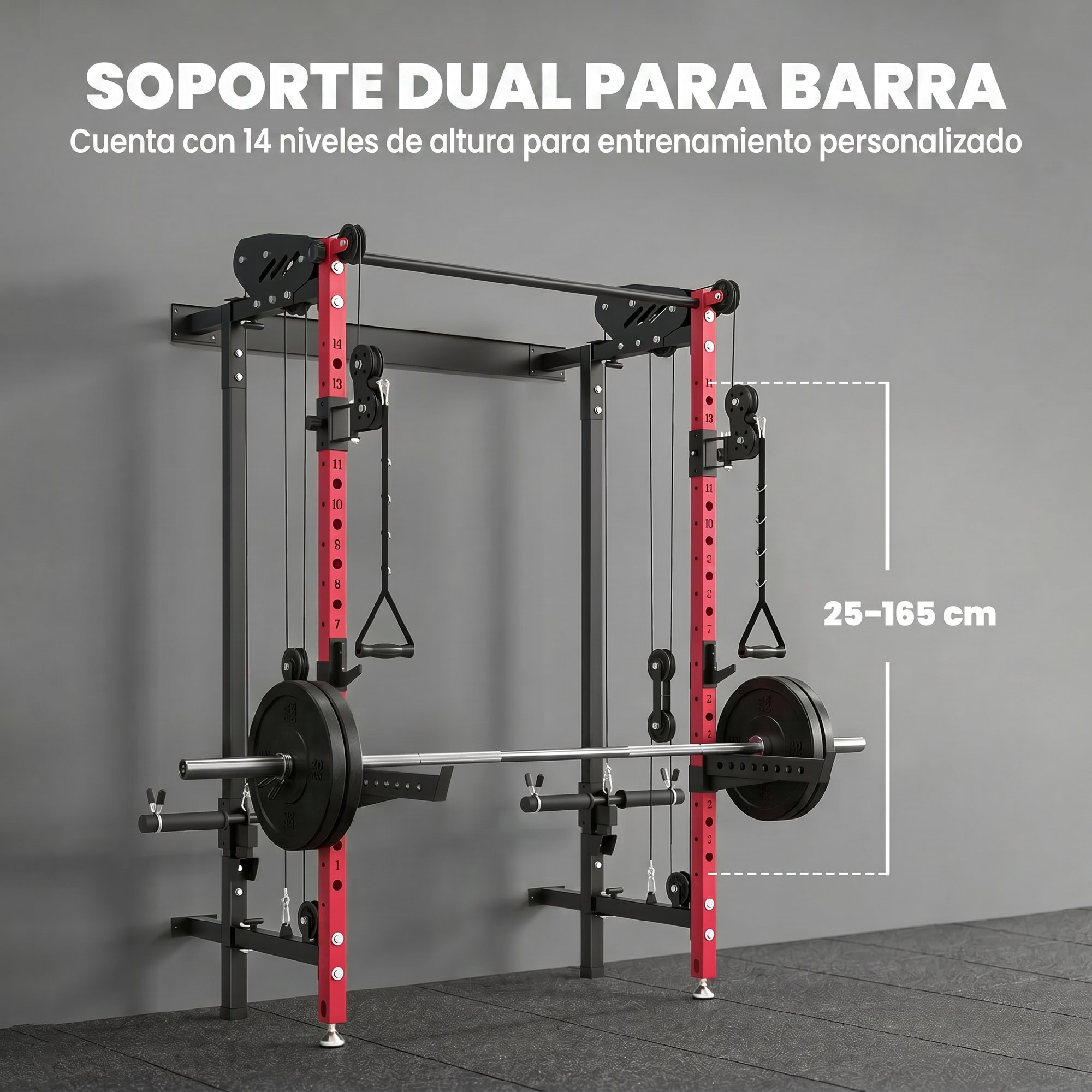 Un soporte de barra dual rojo y negro con pesas y poleas.
