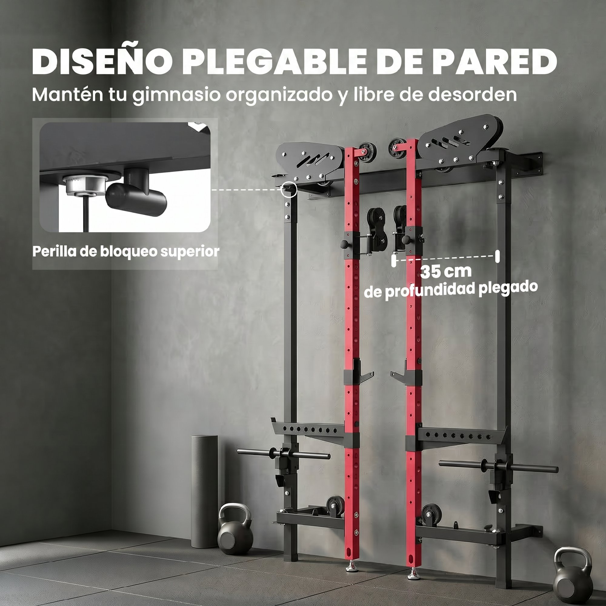 Gimnasio de pared plegable con elementos rojos y negros. Incluye pesas y rodillo.