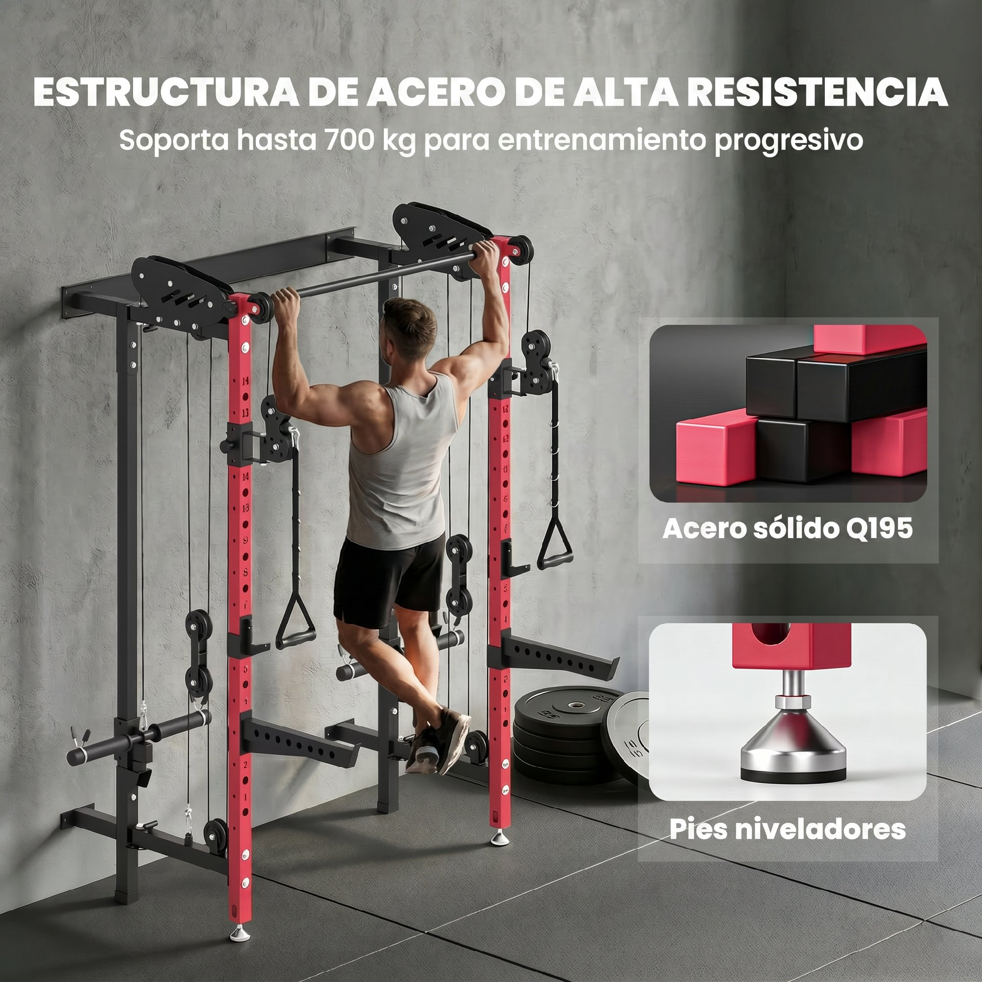 Hombre entrenando en estación de pesas con estructura de acero y soportes rojos.