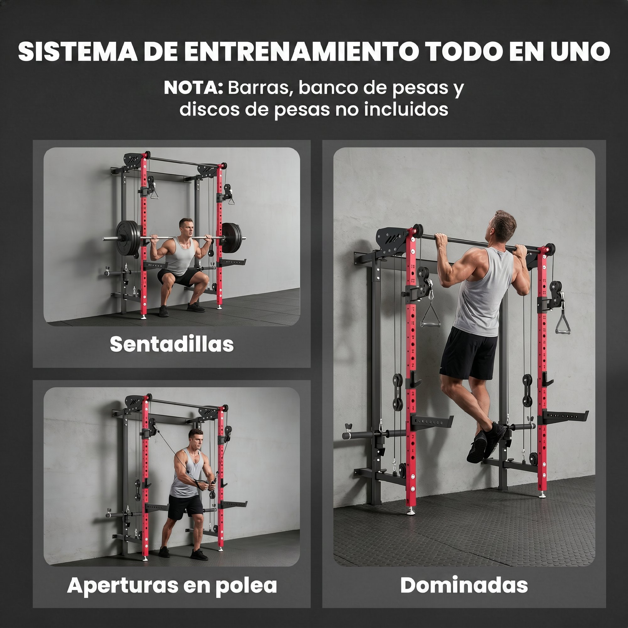 Hombre hace sentadillas, dominadas y aperturas en polea en un equipo.