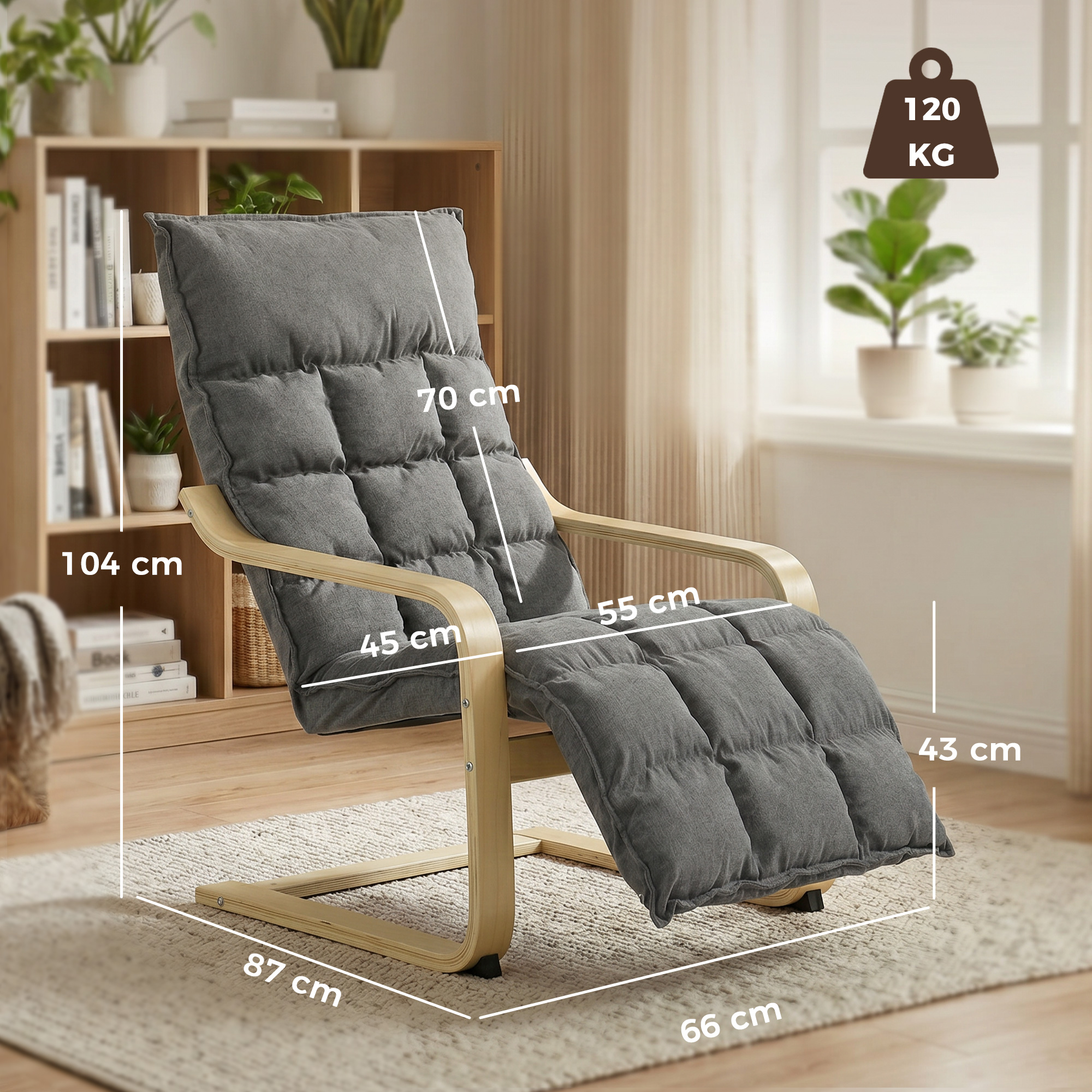 Sillón reclinable gris con marco de madera, medidas 104x87x66 cm, carga máx. 120 kg.