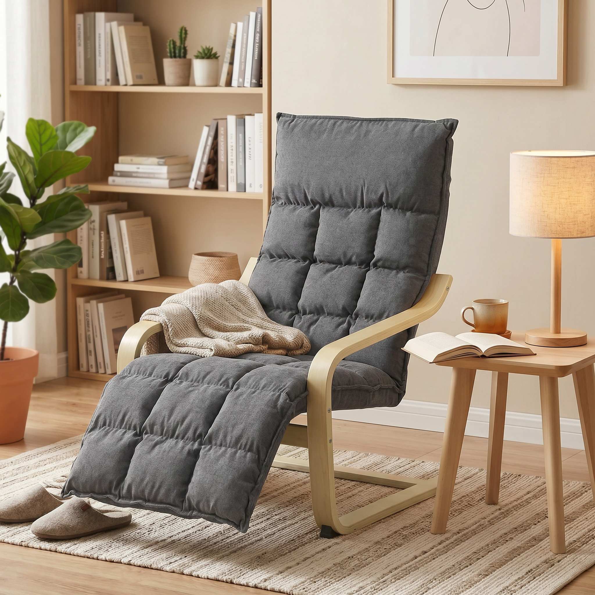 Un sillón reclinable gris con manta, junto a una mesa auxiliar con lámpara, taza y libro.