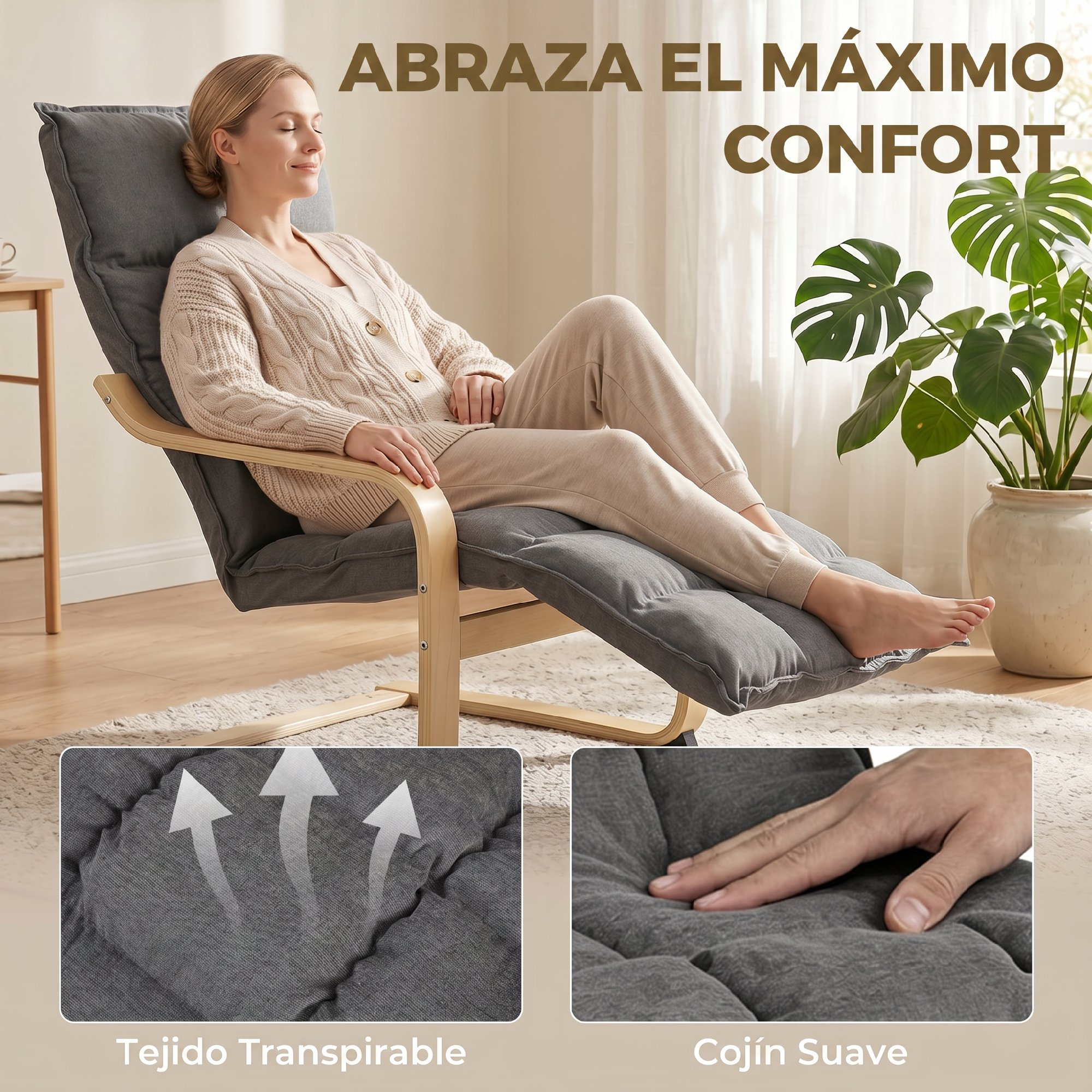 Mujer relajándose en sillón reclinable gris con marco de madera. Primeros planos muestran tela transpirable y cojín suave.