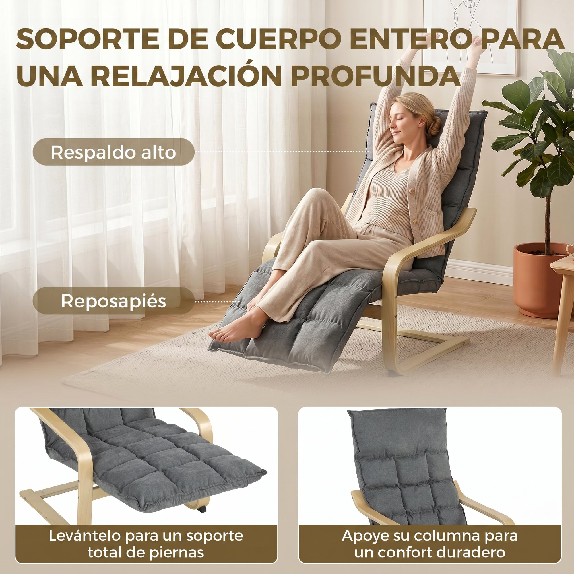 Una mujer se relaja en un sillón reclinable con respaldo alto y reposapiés.