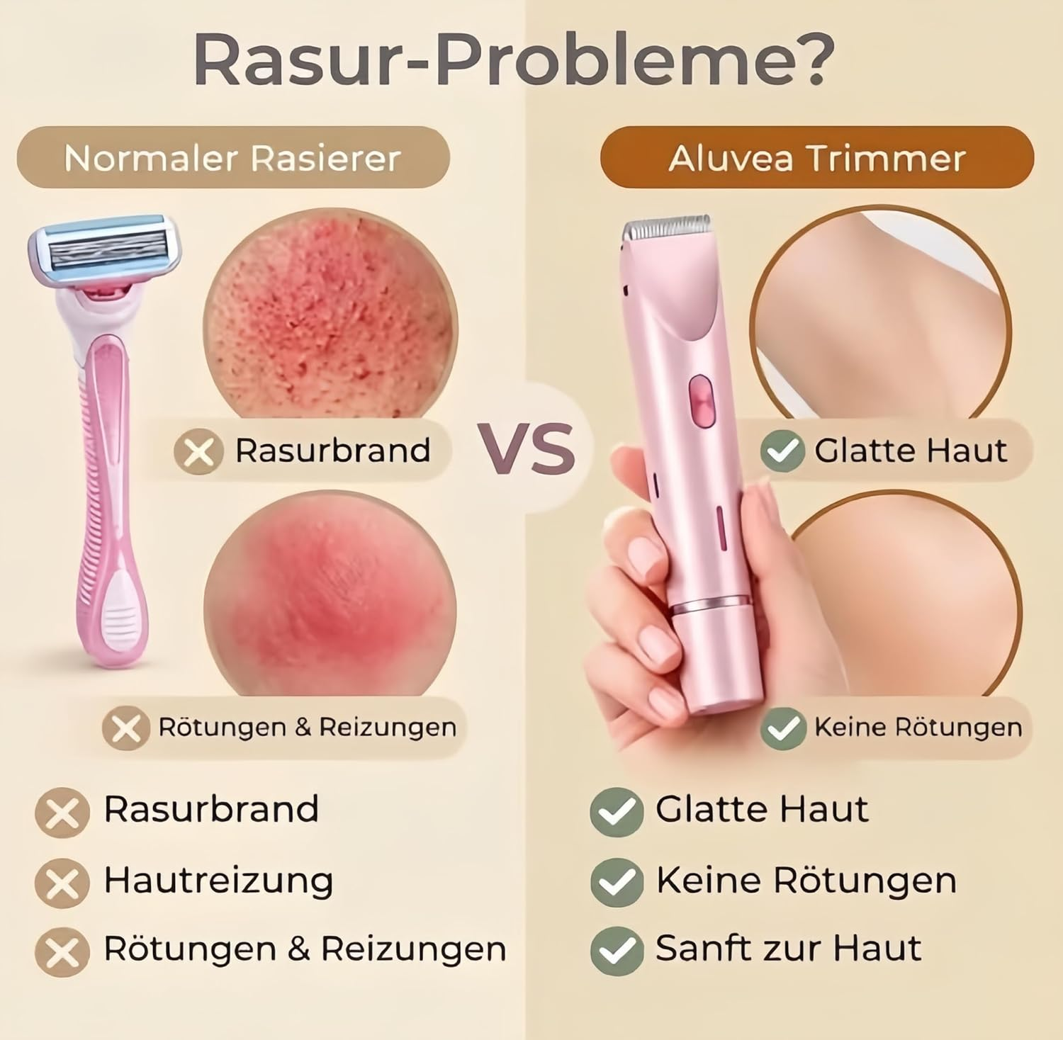 Vergleich: Rasierer verursacht Hautreizungen, Trimmer glatte Haut.