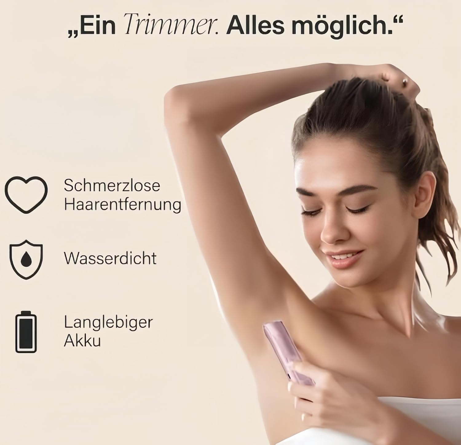Eine Frau benutzt einen rosa Trimmer unter ihrem Arm. Text über schmerzlose Haarentfernung.