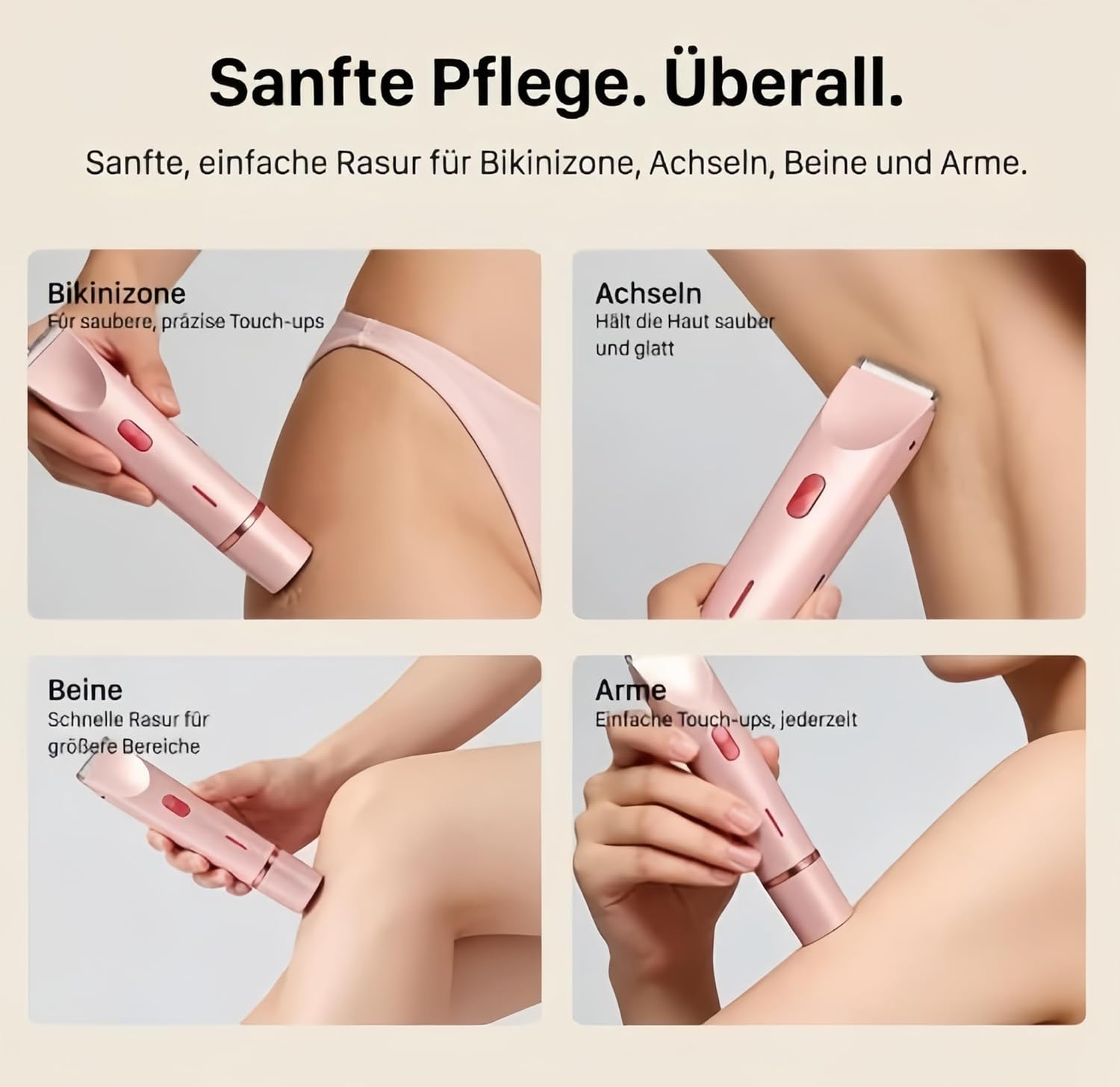 Ein rosa Epilierer wird an der Bikinizone, den Achseln, den Beinen und den Armen einer Person verwendet.