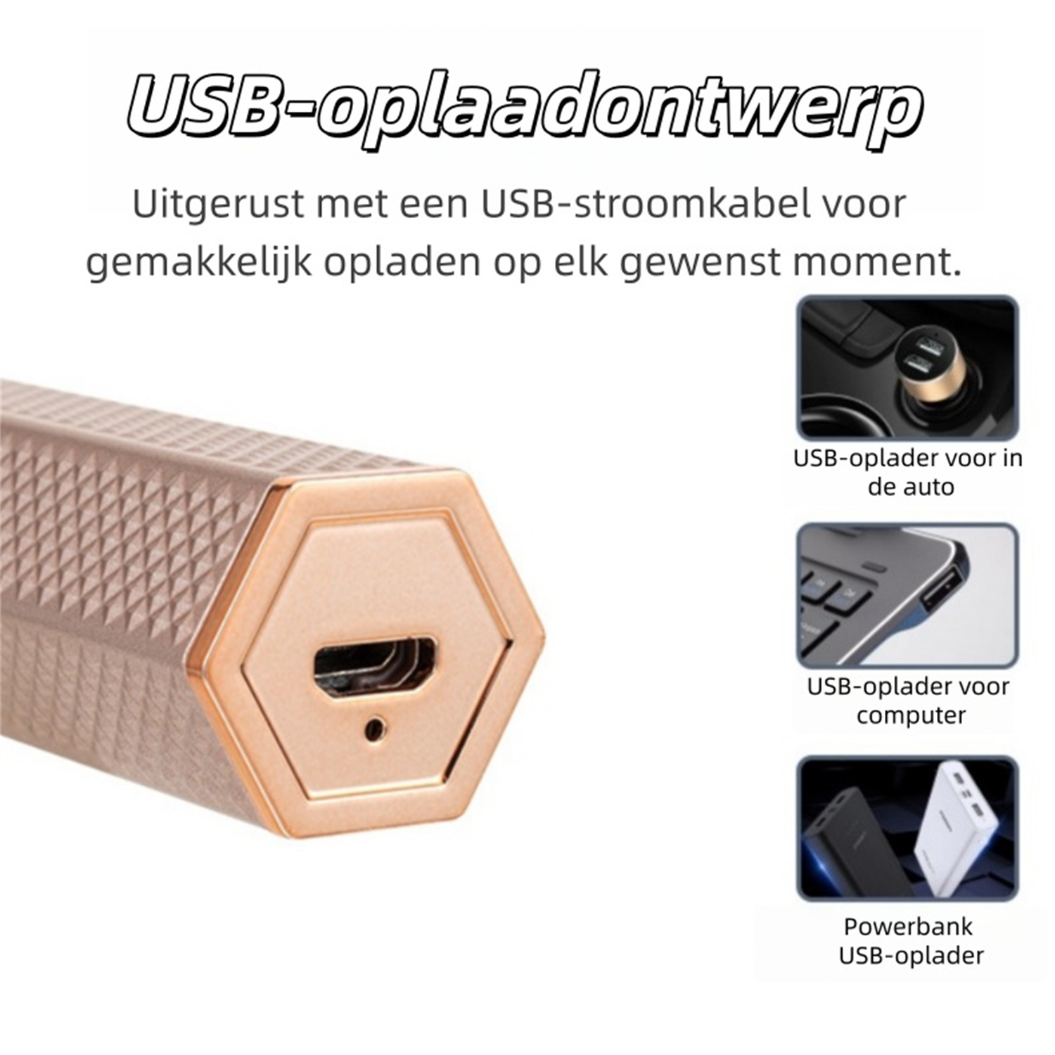 Ein roségoldener USB-Ladeanschluss, gezeigt mit Autoladegerät, Computeranschluss und Powerbanks.