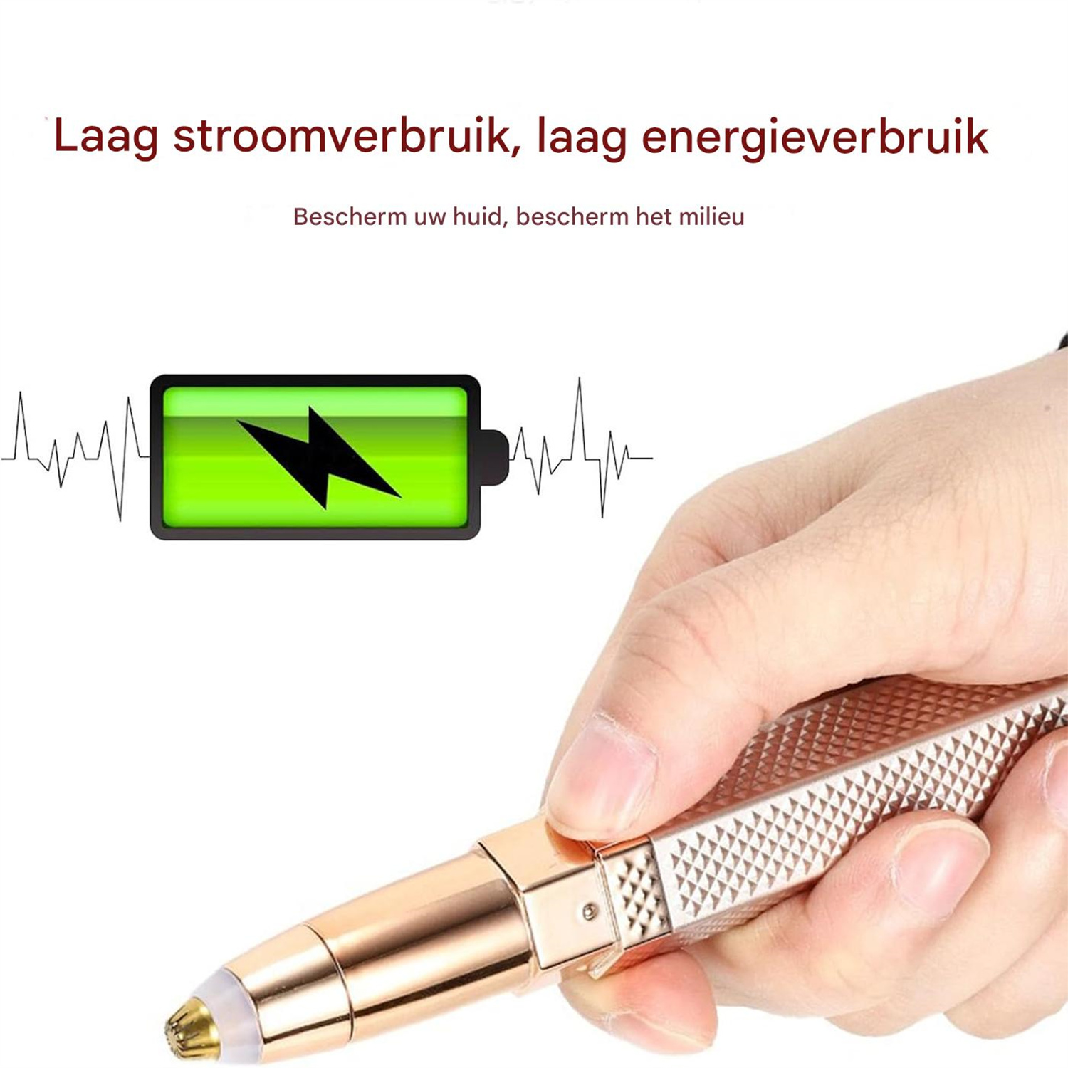 Ein goldener Haarentferner in einer Hand, daneben eine Batterieanzeige und ein Herzschlag-EKG.