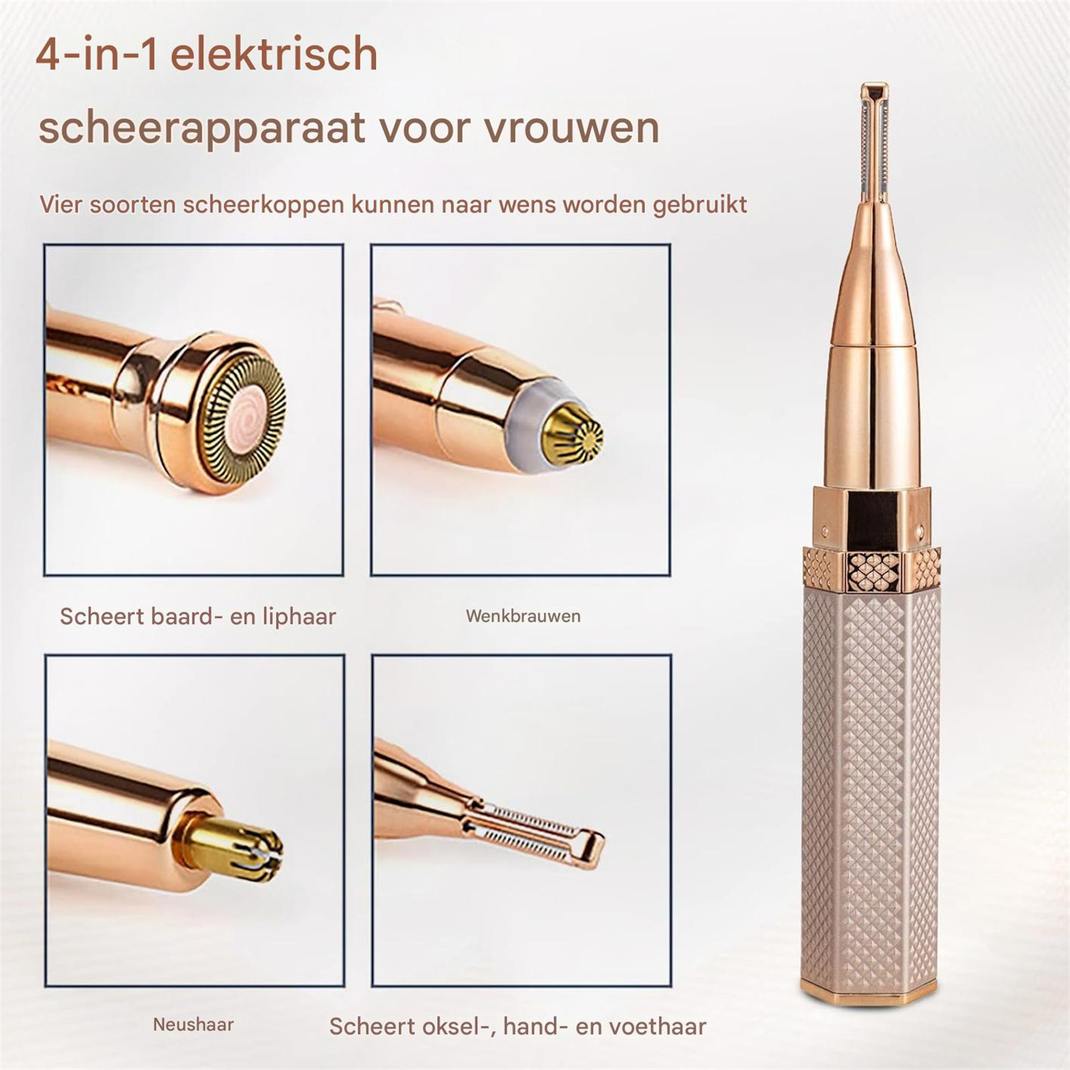 Ein roségoldener 4-in-1-Elektrorasierer für Frauen mit vier Wechselköpfen.