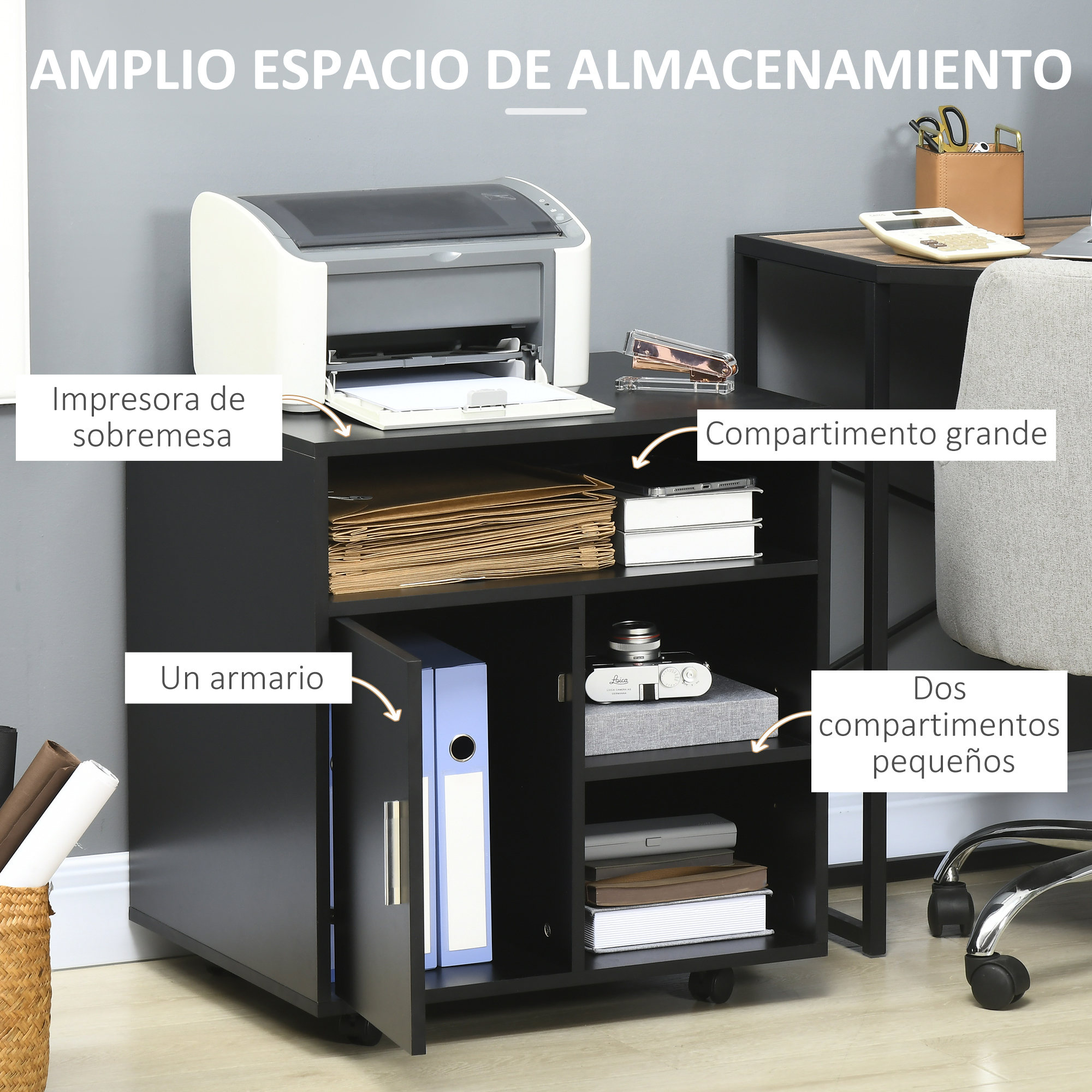 Una impresora en un armario negro con carpetas, libros y una cámara.