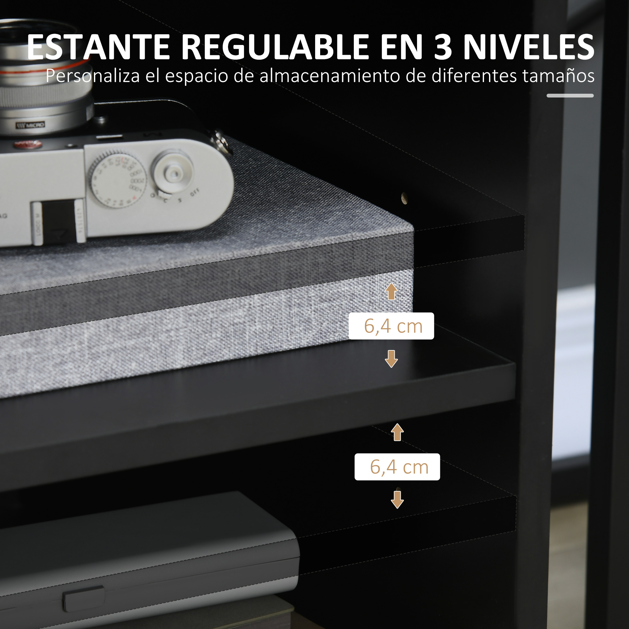 Estante ajustable con cámara y dispositivos, altura indicada 6,4 cm.