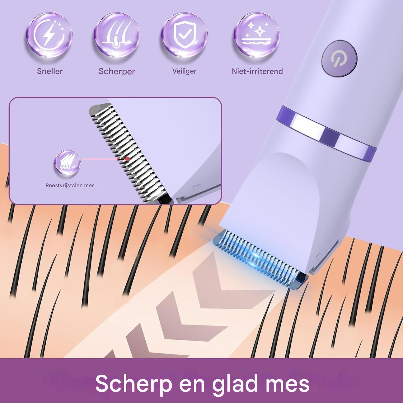 Ein weißer Trimmer schneidet schwarze Haare. Symbole zeigen Schnelligkeit, Schärfe, Sicherheit, Hautfreundlichkeit.